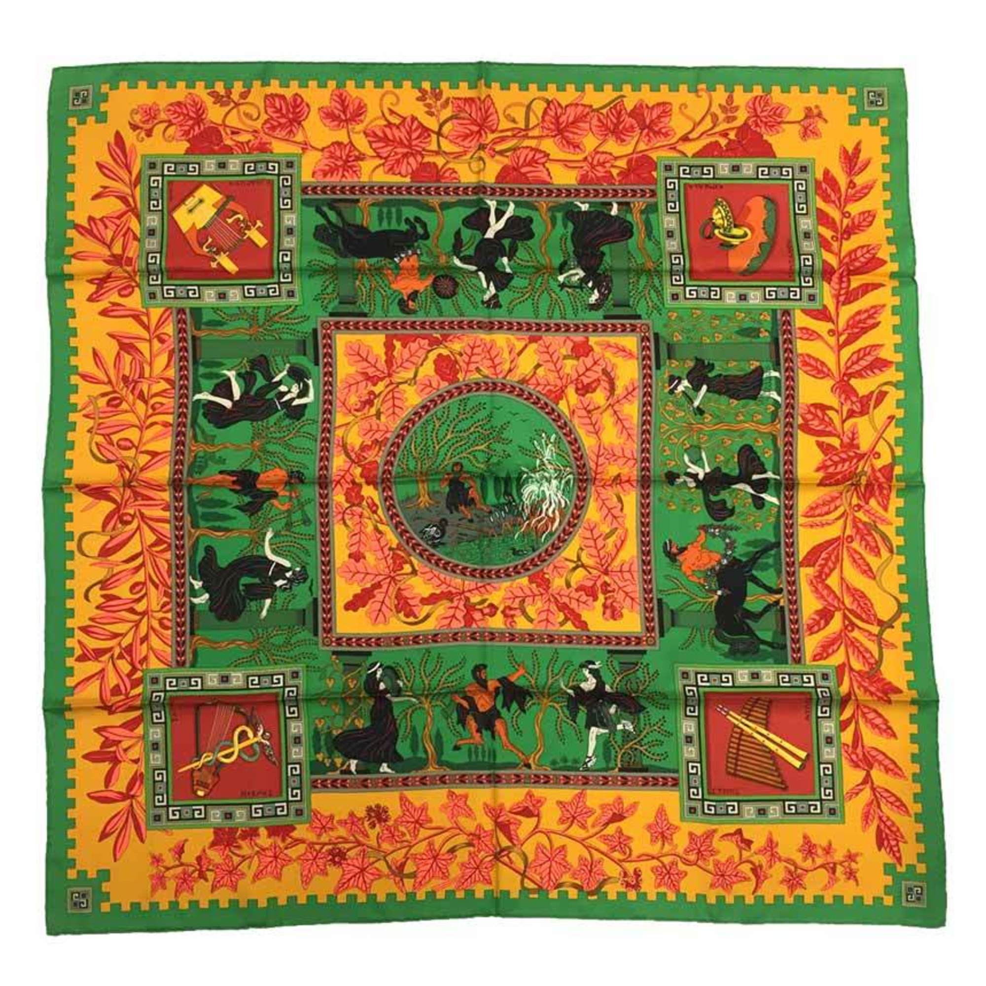 HERMES Carre 90 Scarf Muffler MUSIQUE DES DIEUX Music of the Gods Green x Yellow 100% Silk Hermes aq7559