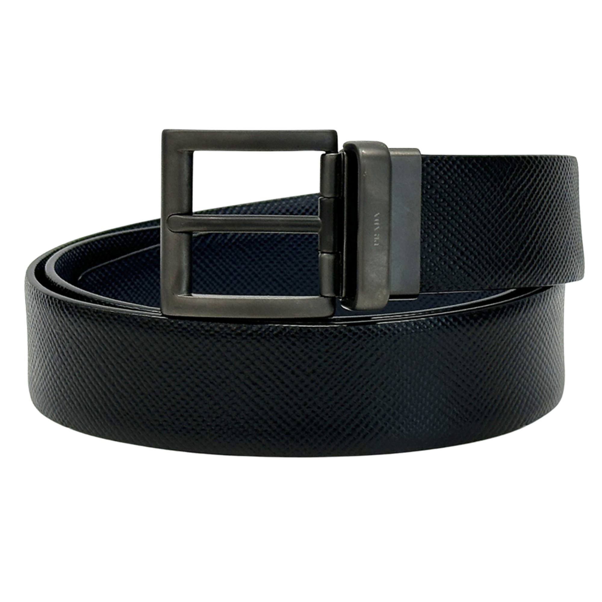 Prada men’s Saffiano belt in black and navy, sizes 95 38, reversible