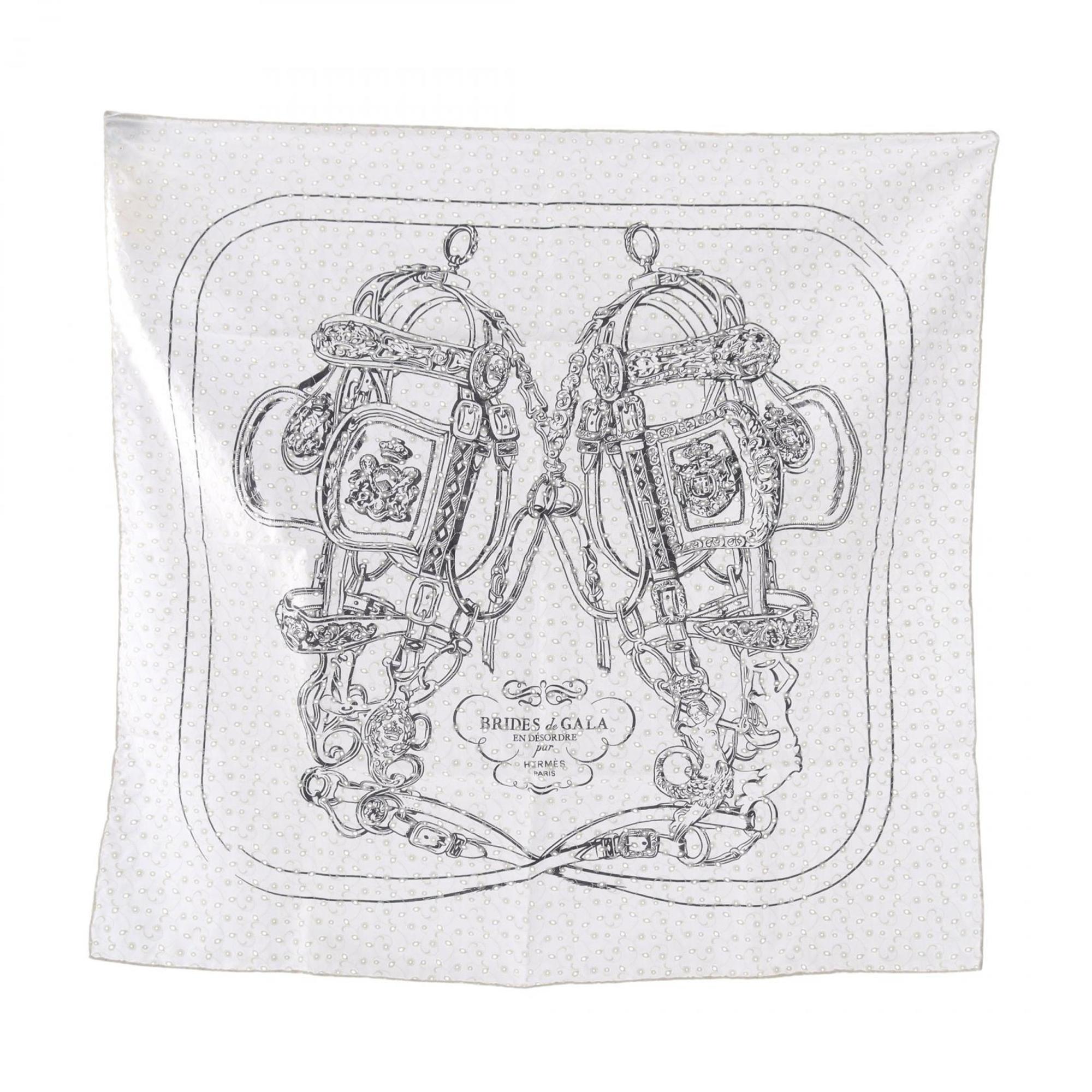 HermÃ¨s HERMES CarrÃ© 70 English Embroidery BRIDES de GALA en Desordre Silk Scarf Women’s White and Black