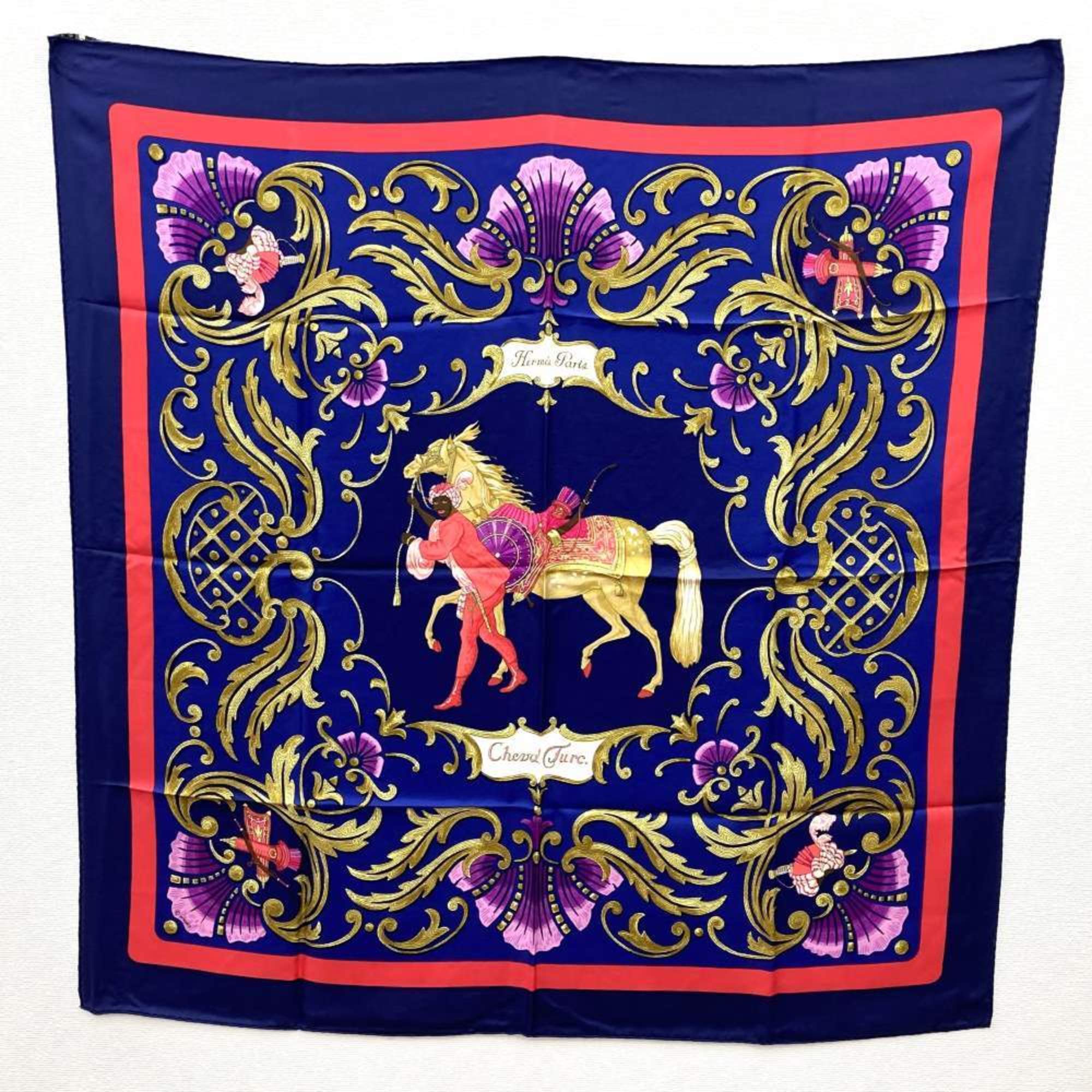 HERMES CarrÃ© 90 Scarf, Cheval Turc, Turkish Horse Silk, Navy, Women’s/Men’s, ITY3U36B18K2