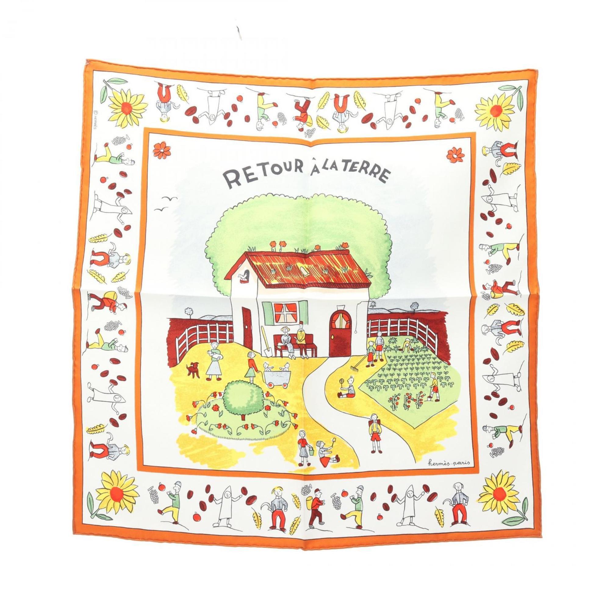 Hermes HermÃ¨s Petit CarrÃ© 45 RETOUR A LA TERRE Silk Scarf for Women, White, Orange, and Multicolor
