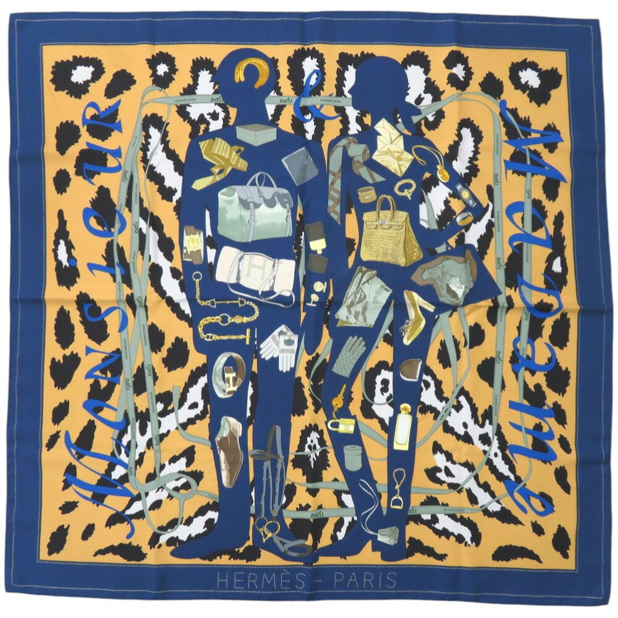 Hermes Carre 90 MONSIEUR ET MADAME Monsieur & Madame Silk Multicolor Scarf Muffler 1210HERMES