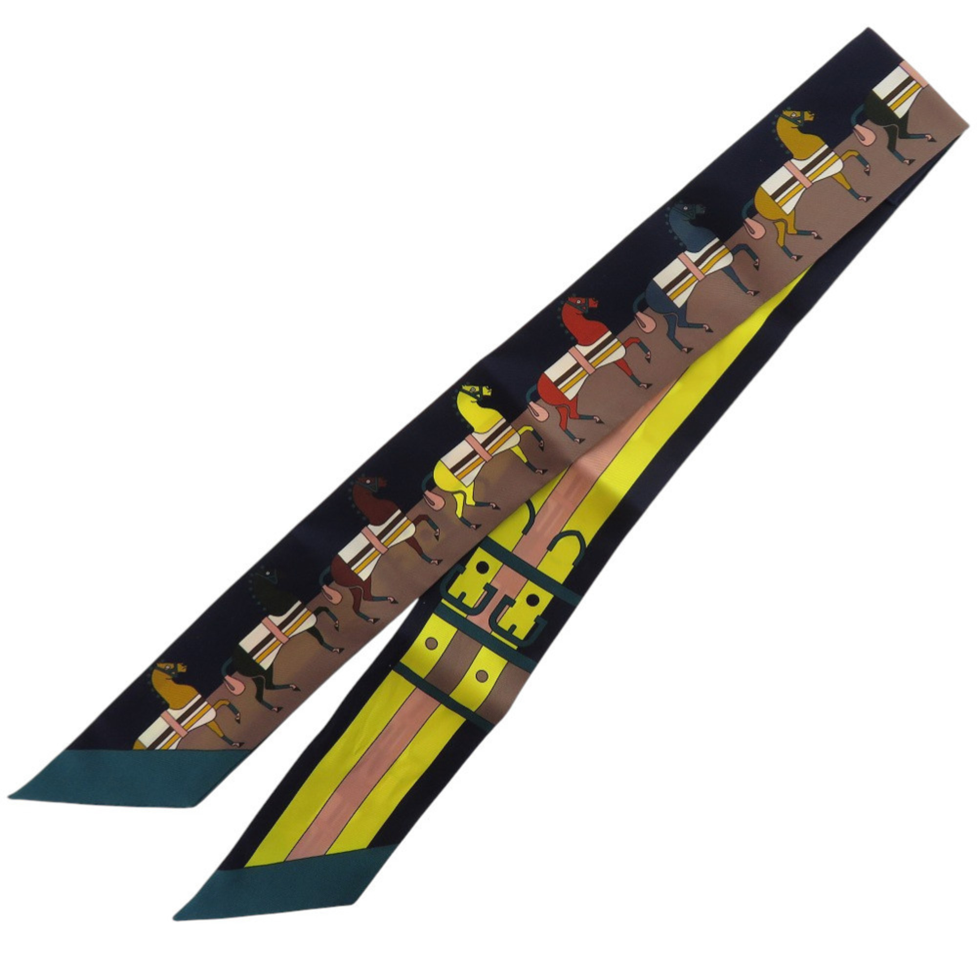 HermÃ¨s Twilly Rocabar Horse Print Scarf/Muffler in Silk Marine Jaune Vif Vert 0169 HERMES