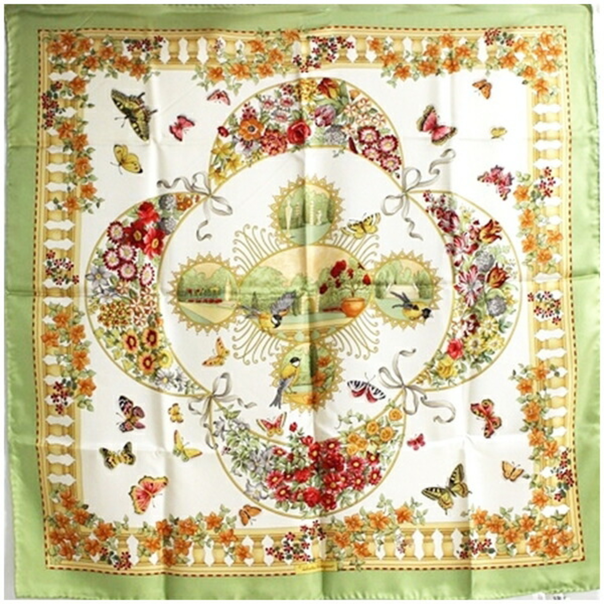 Salvatore Ferragamo silk scarf/muffler, unused, ivory and light green, with floral, butterfly bird motifs. Women’s.
