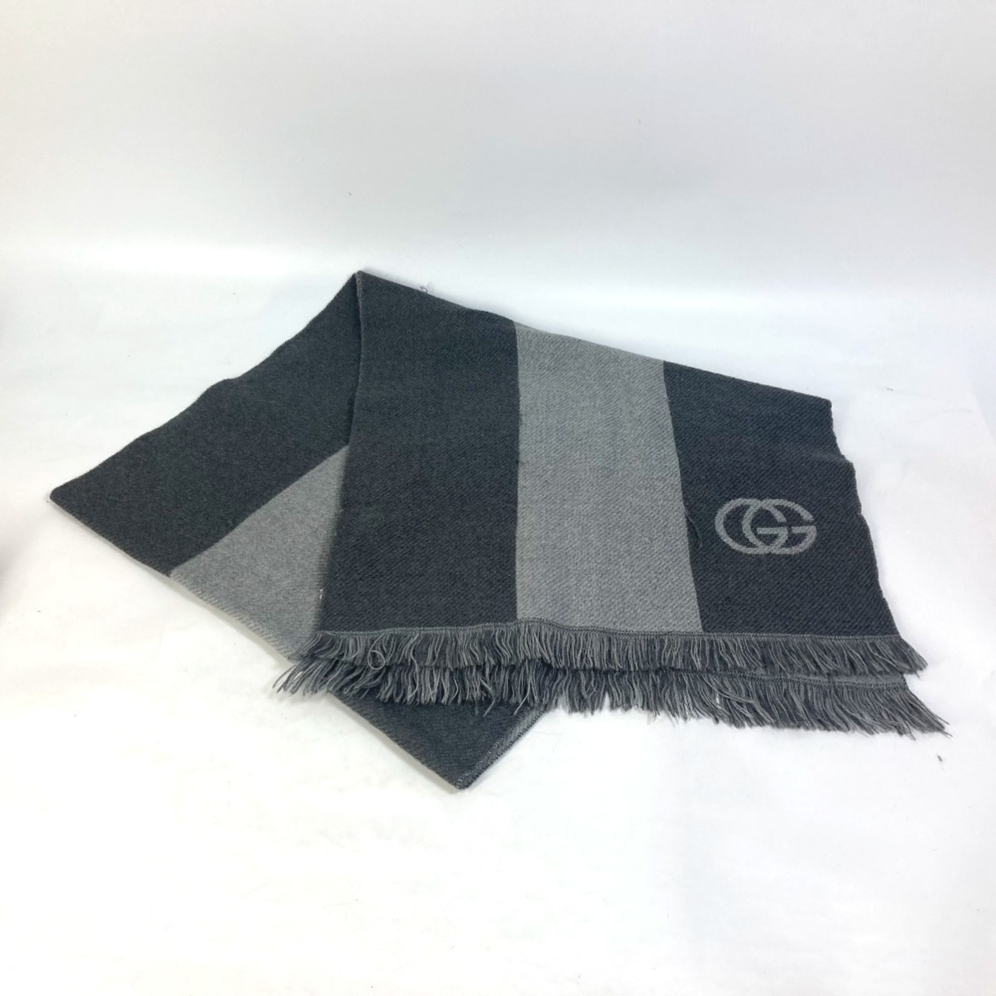 GUCCI Fringe Logo GG Stripe Wool Scarf Women’s Gray