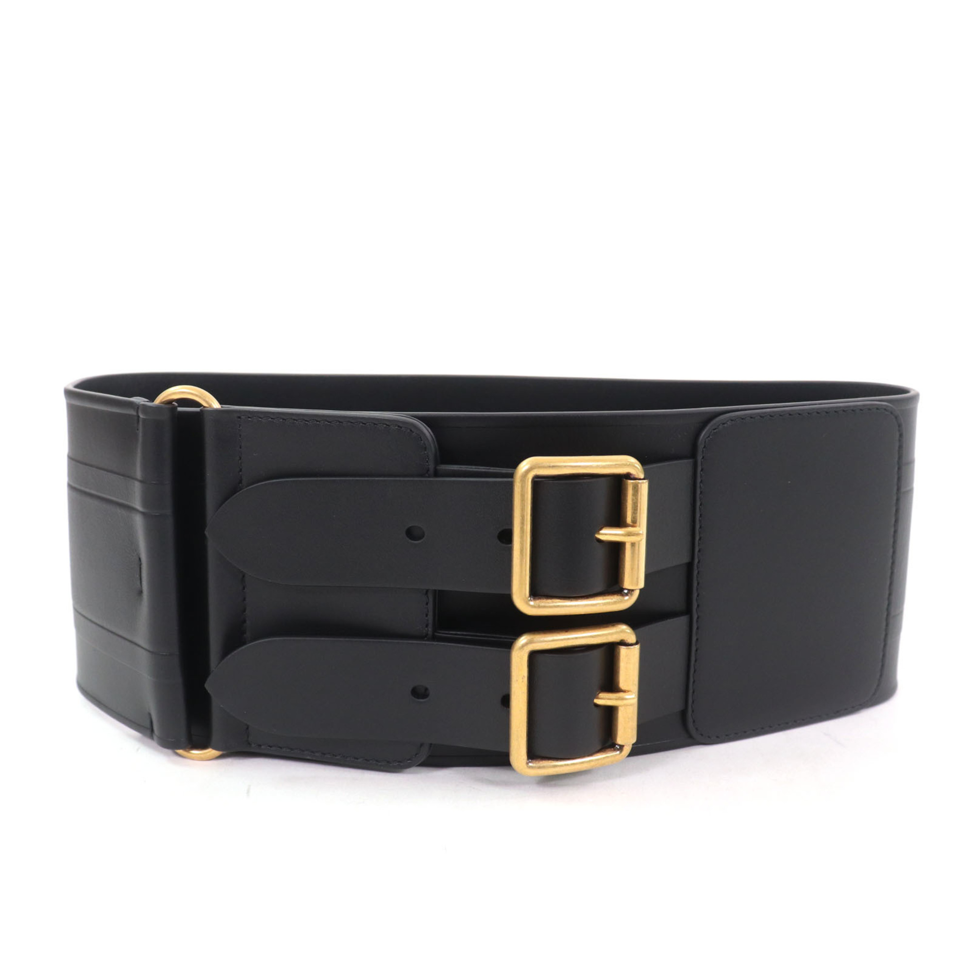 Christian Dior D-WAIST Maxi Double Gold Buckle Leather Belt in Black with Hardware, Size 70, Made Italy