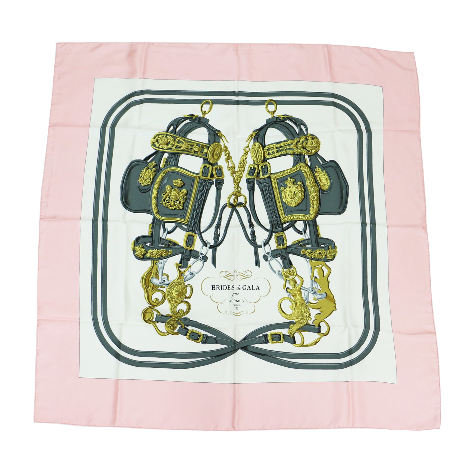 HERMES Scarf Muffler Pink White CarrÃ© 90 Brides de Gala Silk BRIDES GALA Ceremonial Bridle
