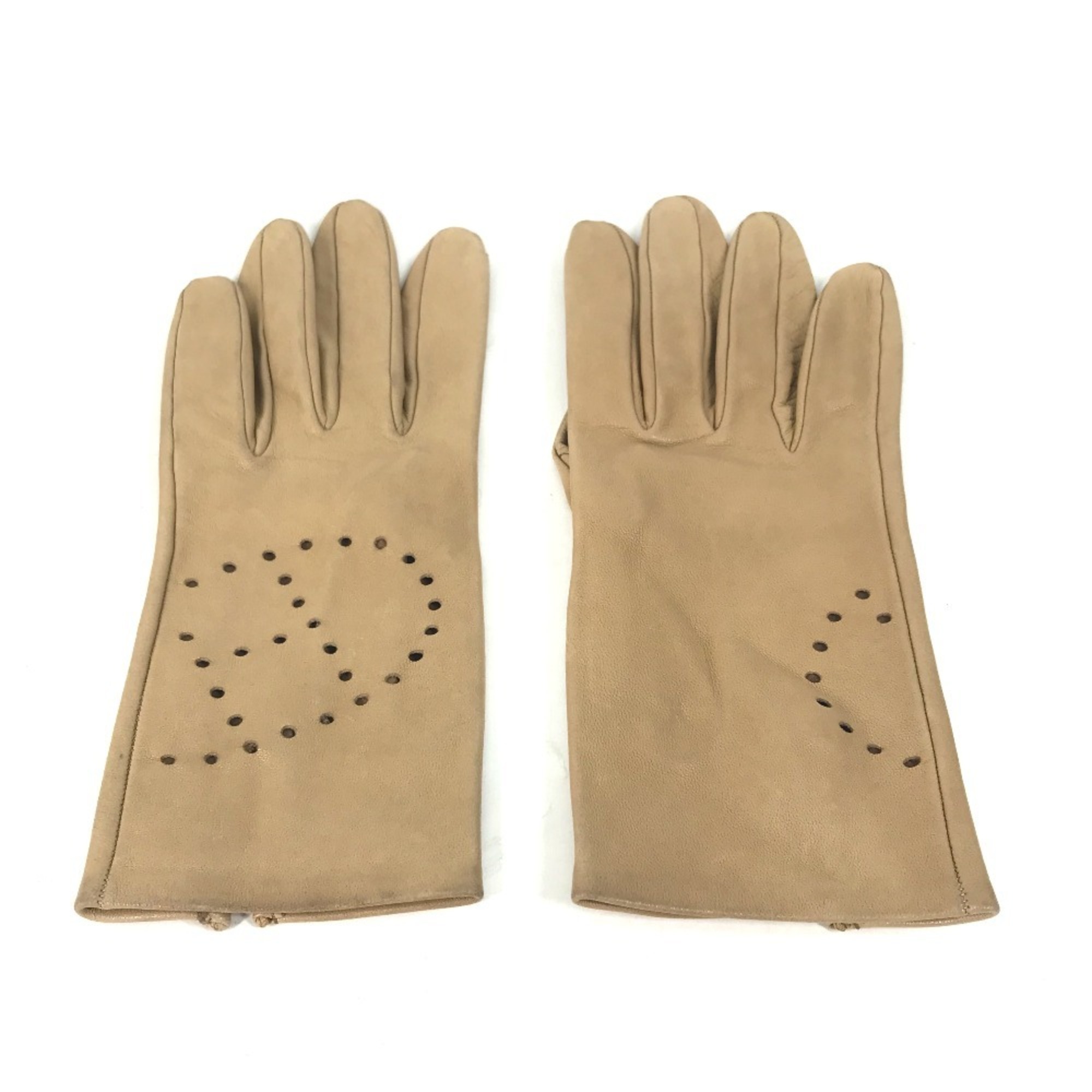 HERMES HermÃ¨s Perforated Logo Gloves, Leather, Women’s, Beige
