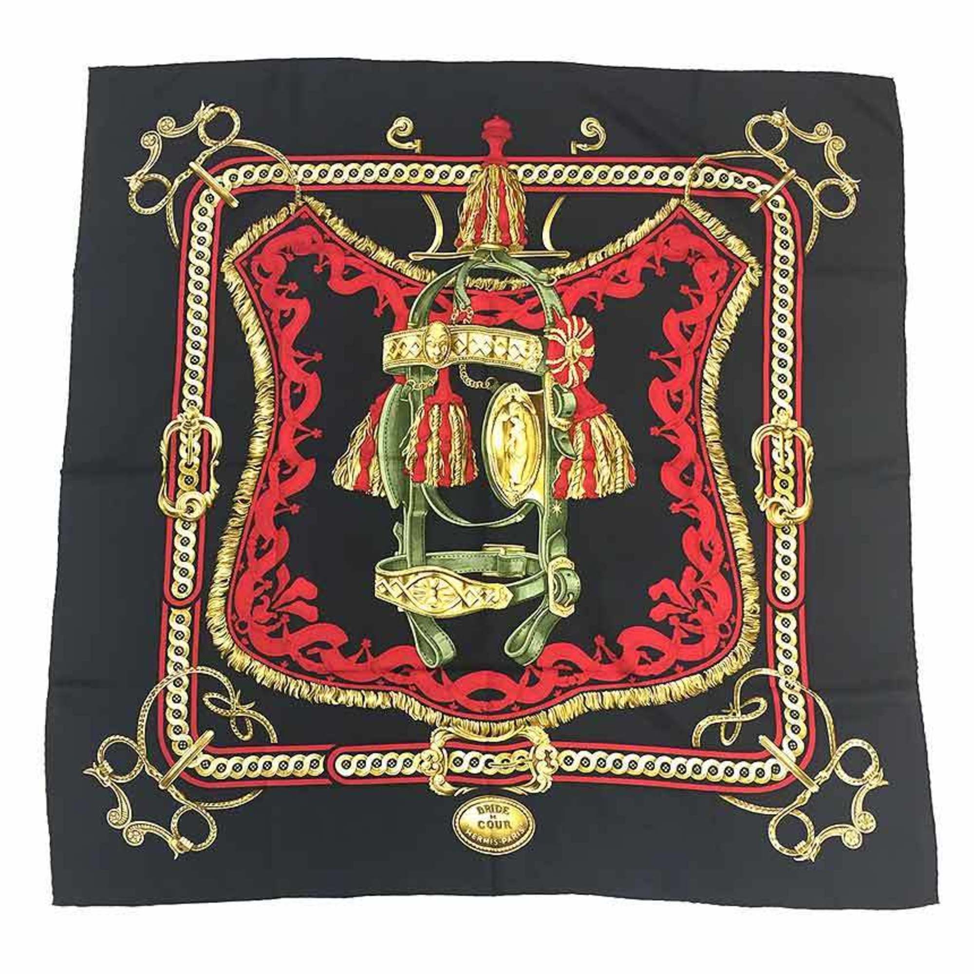 HERMES Hermes Carre 90 Scarf Muffler BRIDE DE COUR Black 100% Silk