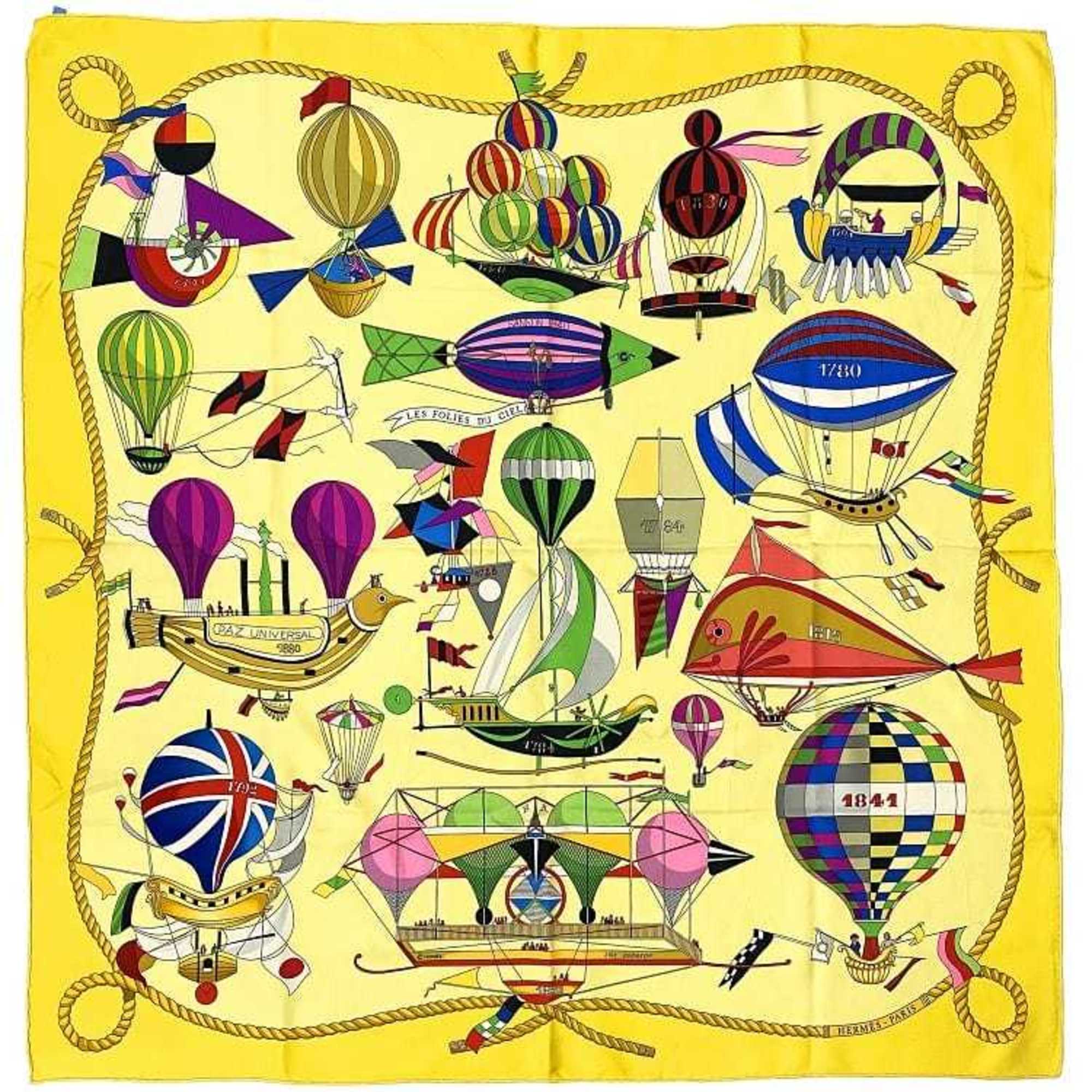 Hermes Scarf Muffler Carre 90 ec-21946 Yellow LES FOLIES DU CIEL Madness in the Sky 100% Silk HERMES Large Size for Women