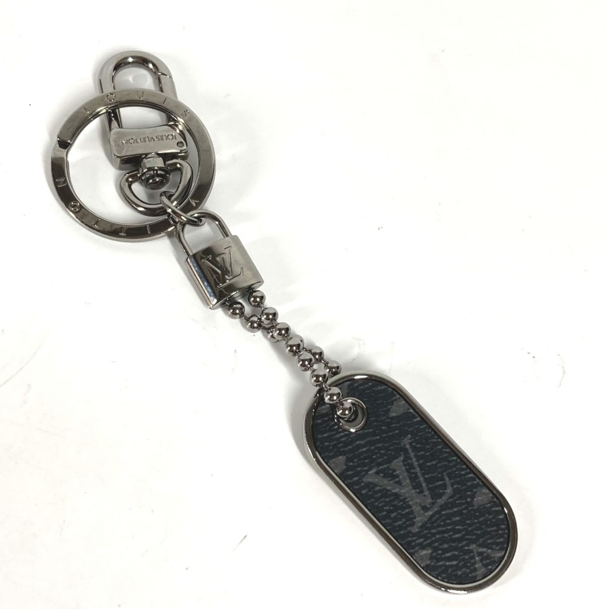 LOUIS VUITTON M63618 Monogram Eclipse Porte-ClÃ©s Tab ID Charm Key Ring Bag Keychain Canvas/Metal Men’s Silver/Black