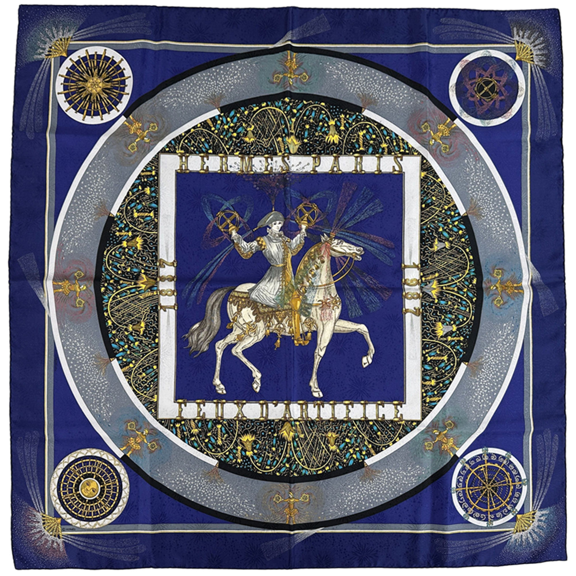 Hermes HermÃ¨s FEUX D’ARTIFICE CarrÃ© 90 Scarf, Women’s Silk, Blue, Multicolor, Horse, Fireworks, Large