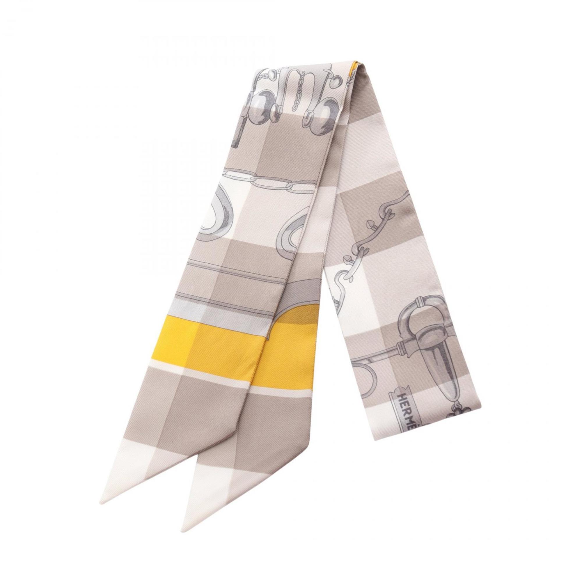 Hermes HermÃ¨s MORS et Gourmettes Twilly Silk Scarf for Women, Beige, White, Yellow