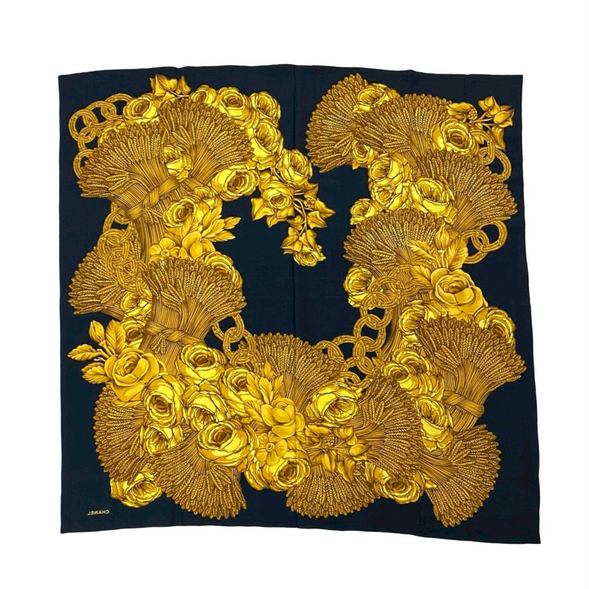 CHANEL Tassel Floral Print Coco Mark Silk Scarf Muffler for Women, Black and Gold, 16768