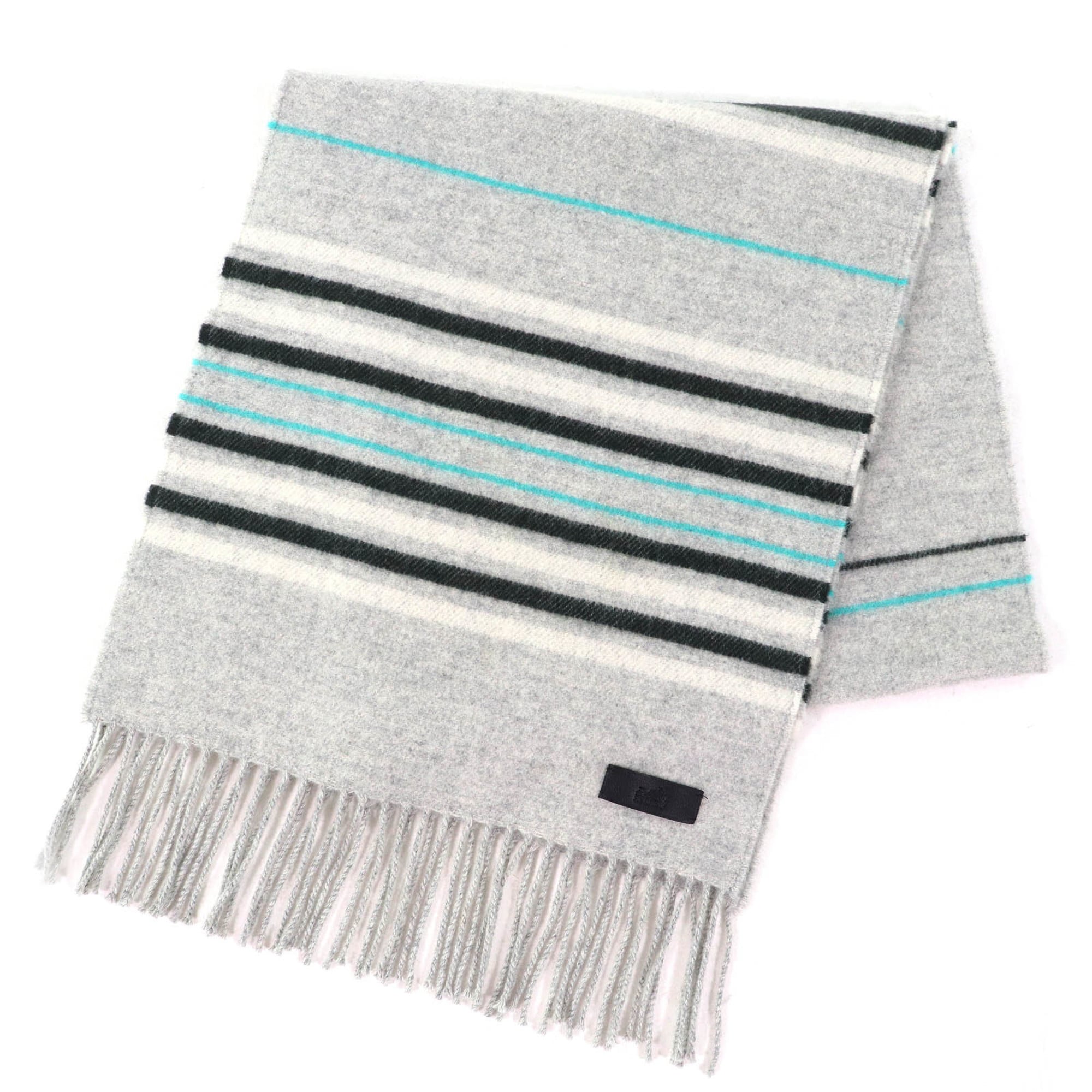 HERMES Neo Rocabar 100% Cashmere Gris Chine Leather Logo Patch Fringe Scarf/Shawl with Box, Made in Italy, Women’s