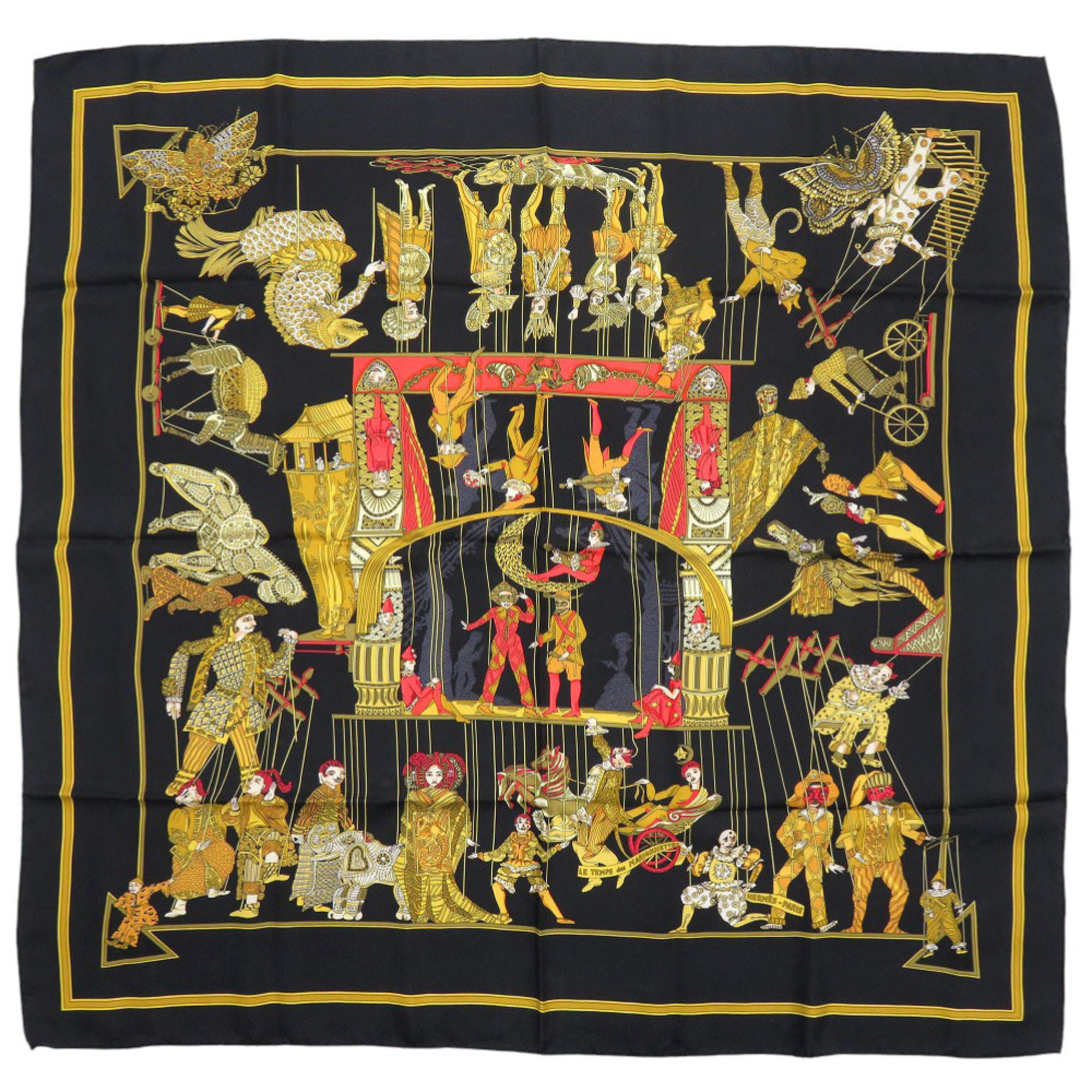 Hermes HermÃ¨s CarrÃ© 90 “Le Temps des Marionnettes” Silk Scarf Muffler in Black, Gold, and Red (0205)