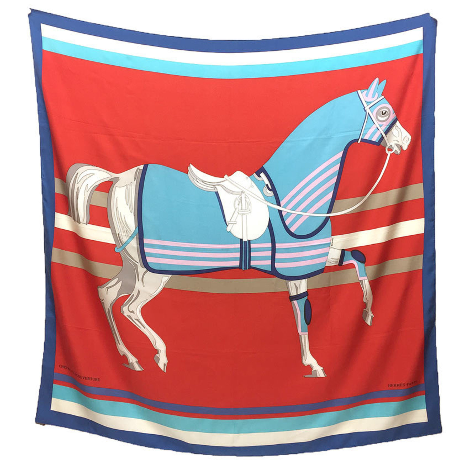HERMES Shawl CarrÃ© 140 Scarf Muffler CHEVAL A LA COUVERTIURE with Horse Blanket 100% Silk Red x Blue
