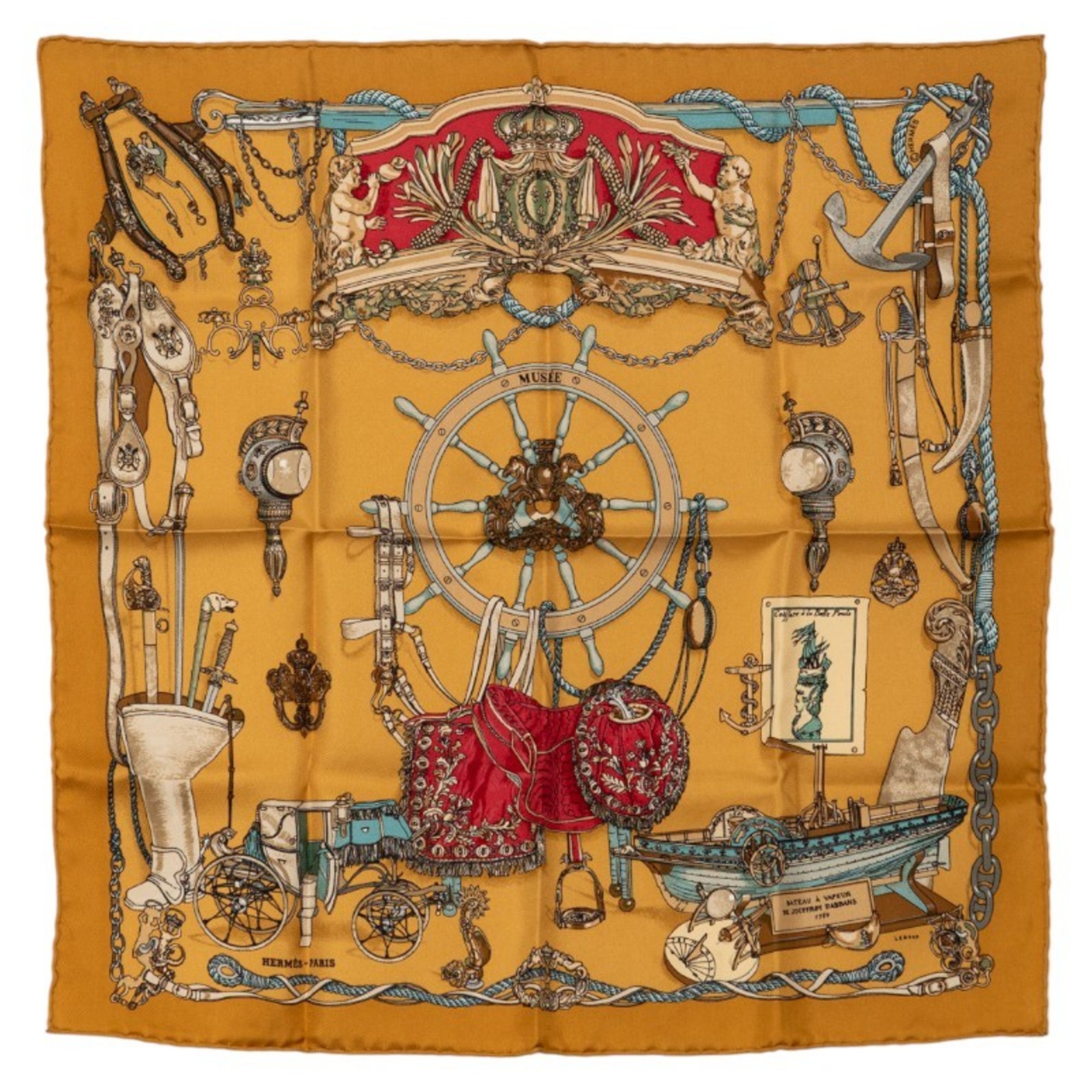 Hermes HermÃ¨s CarrÃ© 45 Petit “BATEAU A VAPEUR DE JOUFFROY DABBANS 1784” Steamship Scarf/Muffler in Brown Multicolor Silk for Women