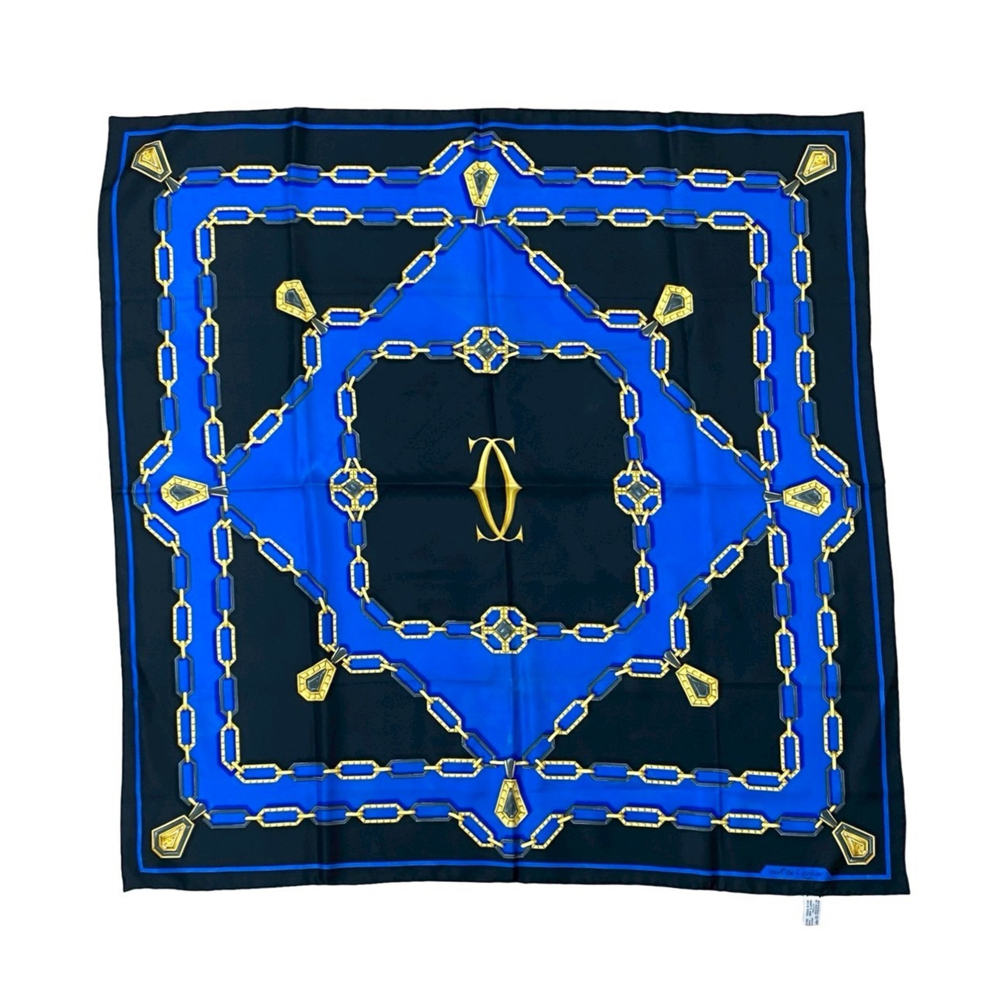 CARTIER Vintage Must Line Chain Pattern Silk Scarf/Muffler/Bandana in Blue Multicolor (08400)