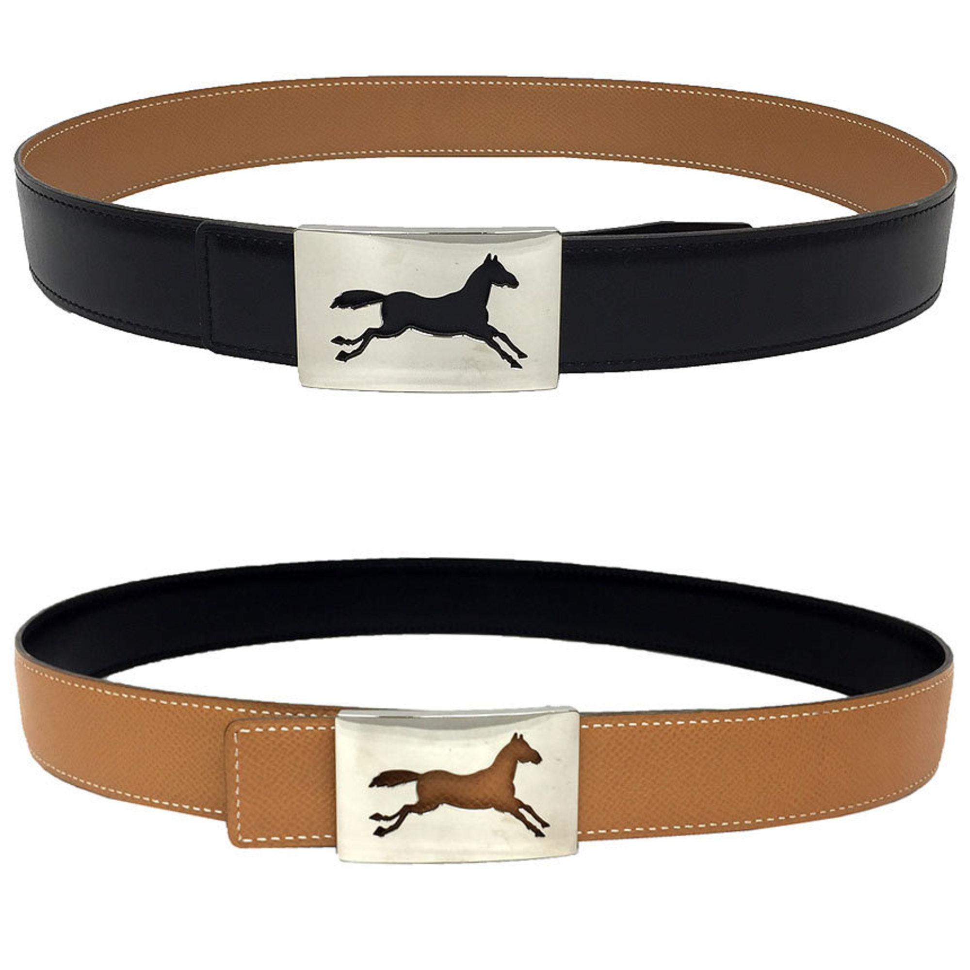 Hermes HermÃ¨s Leather Belt, Size 80, â–¡A Stamp, Horse Buckle, Reversible, Black/Light Brown, Silver Box Calf/Veau Epsom