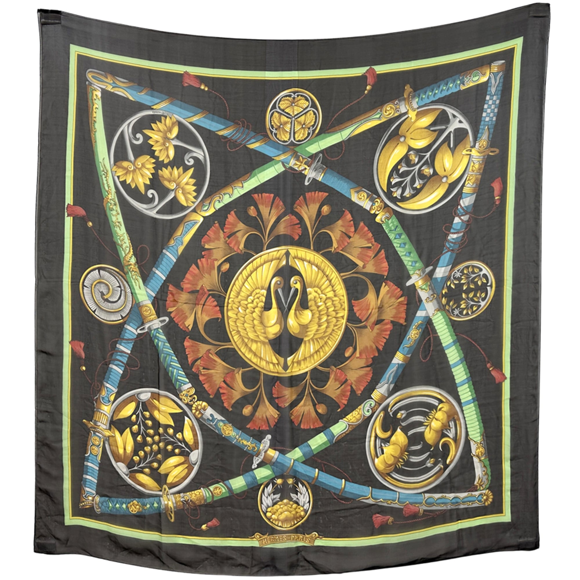 HermÃ¨s HERMES CarrÃ© 140 Scarf, DAIMYO PRINCES DU SOLEIL LEVANT, Daimyo (Feudal Lord), Prince of the Land Rising Sun, Women’s, Silk, Black, Multicolor, Sheer, Chiffon, Sword, Family Crest, Japan, Samurai, Large