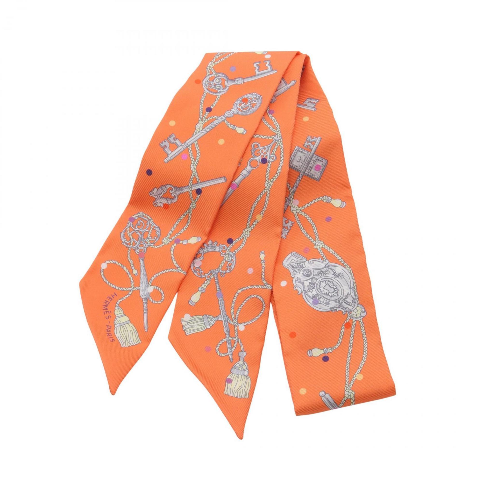 Hermes HermÃ¨s Twilly “Les Cles a Pois” Silk Scarf for Women, Orange Multicolor