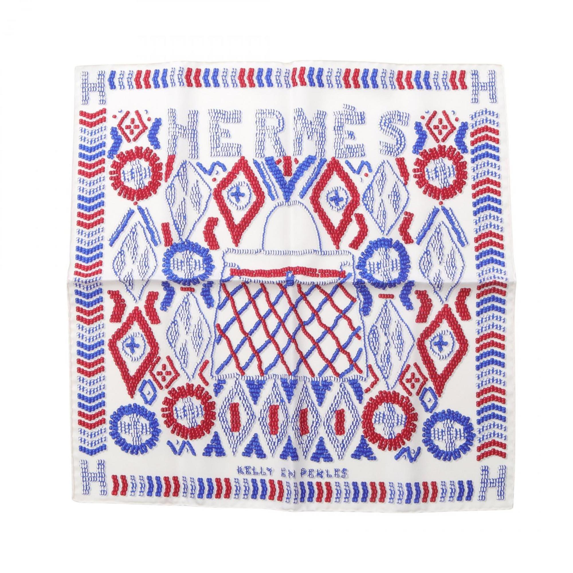 Hermes HermÃ¨s Petit CarrÃ© 45 Kelly en Perles Silk Scarf for Women in White, Red, and Blue