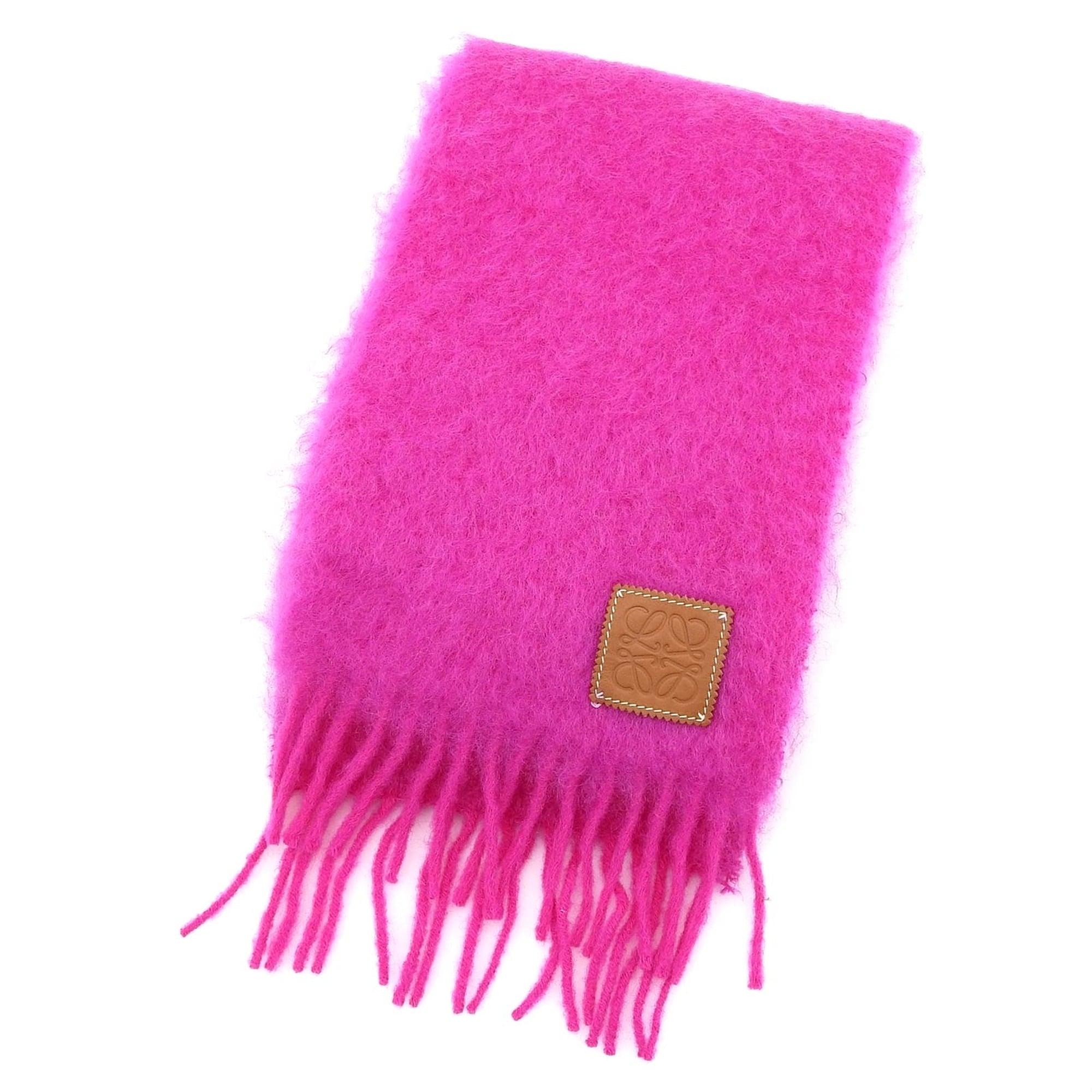 LOEWE Women’s Pink Mohair Wool Scarf with Anagram Leather Patch and Fringe, Made in Spain, Authentic