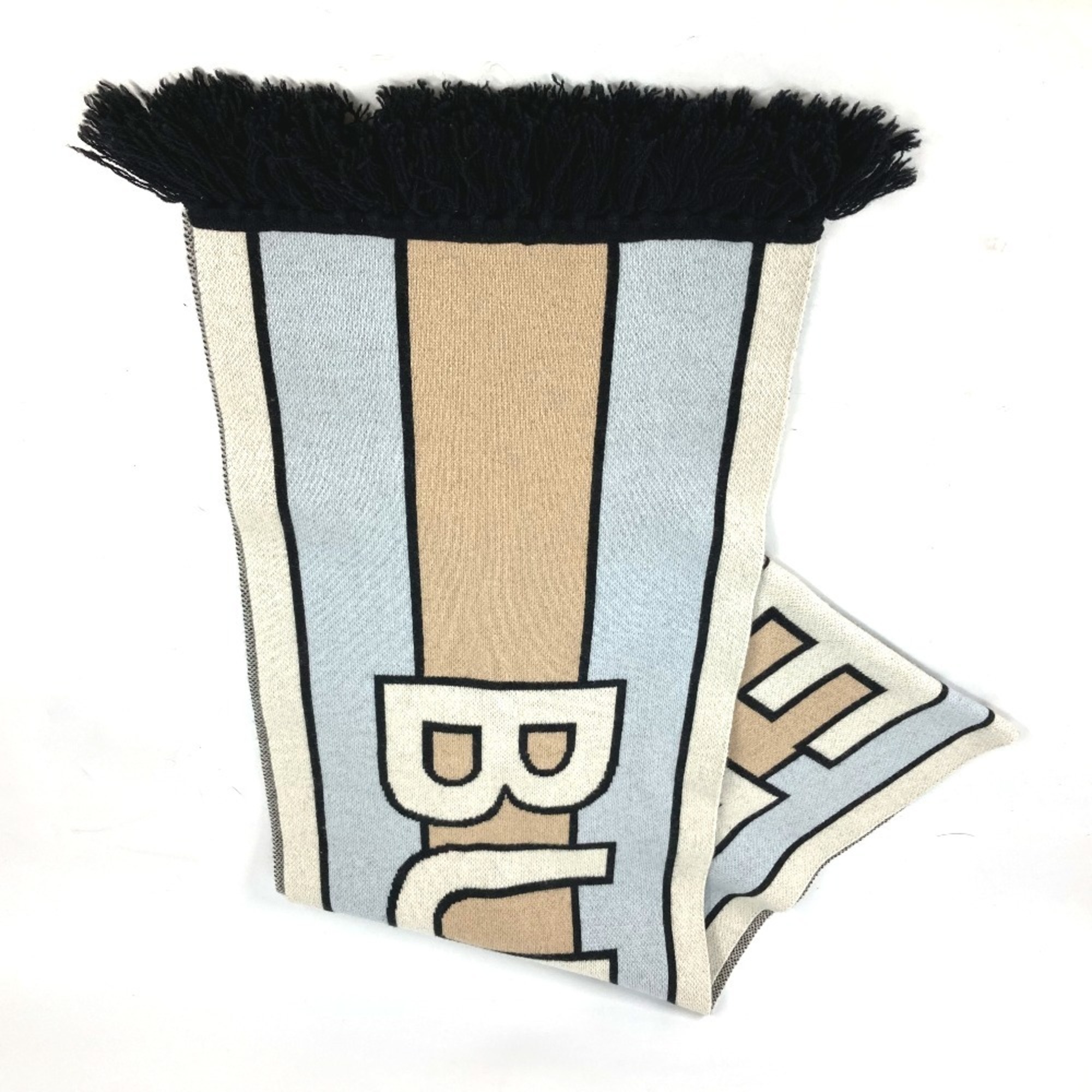 BURBERRY 8021740 Border Logo Fringe Scarf Cashmere Women’s Beige