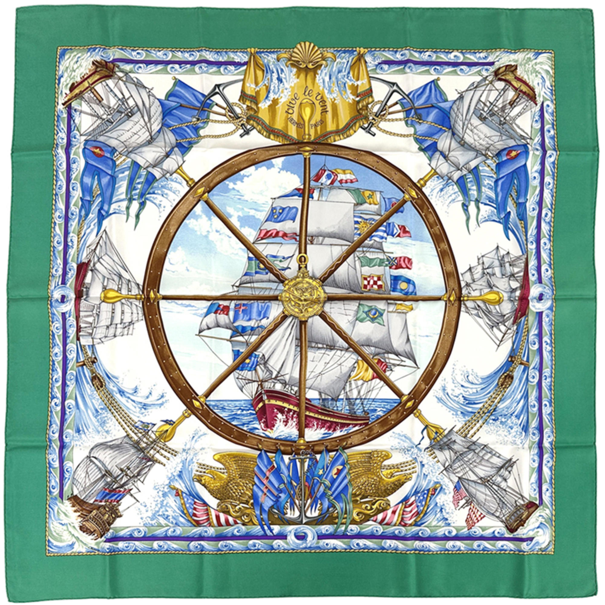 Hermes HermÃ¨s CarrÃ© 90 Scarf “Vive le vent” (Wind Blow) Women’s Silk Green Multicolored Sea Ship Sailing