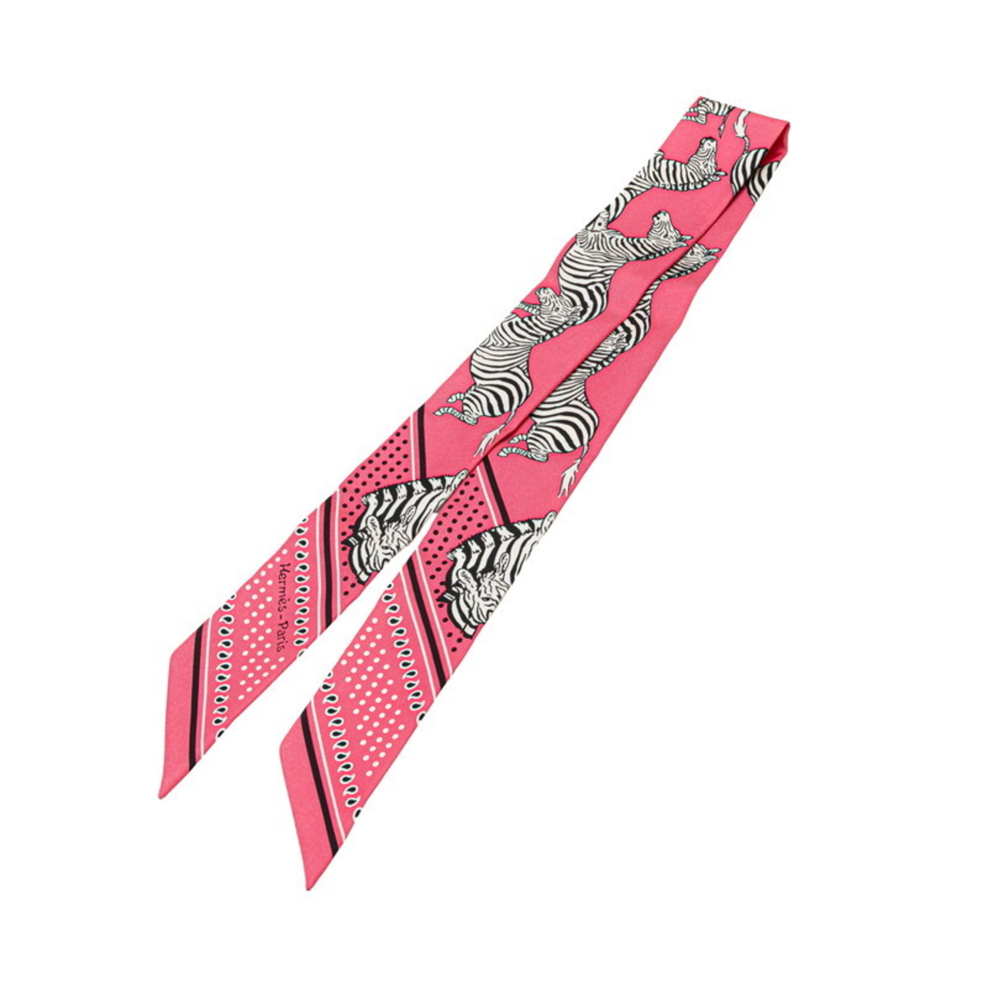 HermÃ¨s Twilly LES ZEBRES BANDANA Zebra Bandana Scarf Muffler Pink Black Silk Women’s HERMES