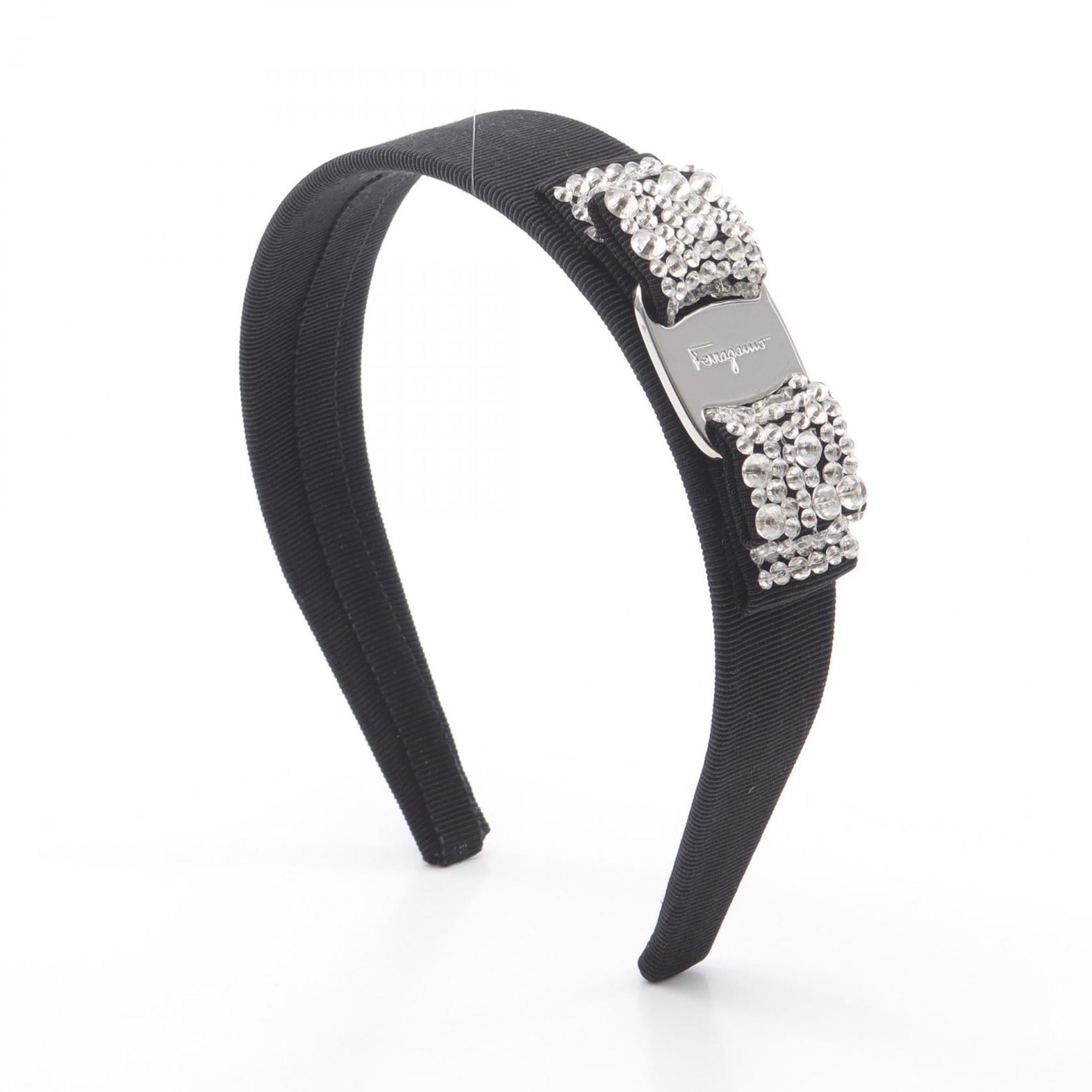 Salvatore Ferragamo Vara Ribbon GP (Gold Plated) Fabric Rhinestone Women’s Black