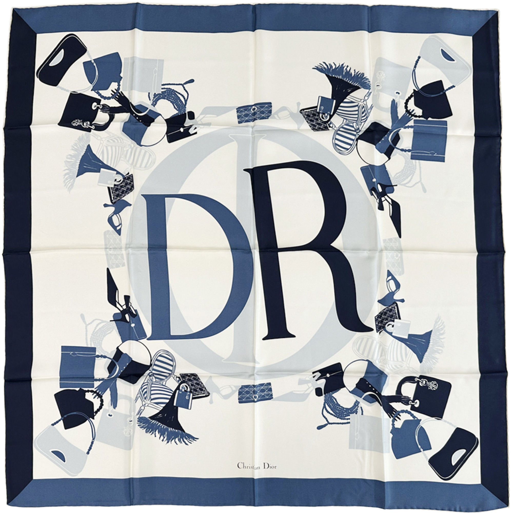 Christian Dior Dior Scarf, Women’s, Silk, Blue and Ivory, Logo, Bag Pattern