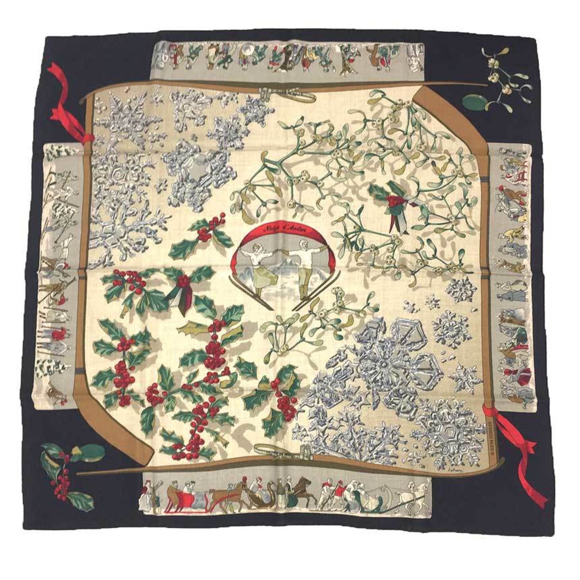 HERMES Hermes Cashmere Silk Scarf Muffler Carre 90 Neige d’Antan Last Year’s Snow Black x Ivory