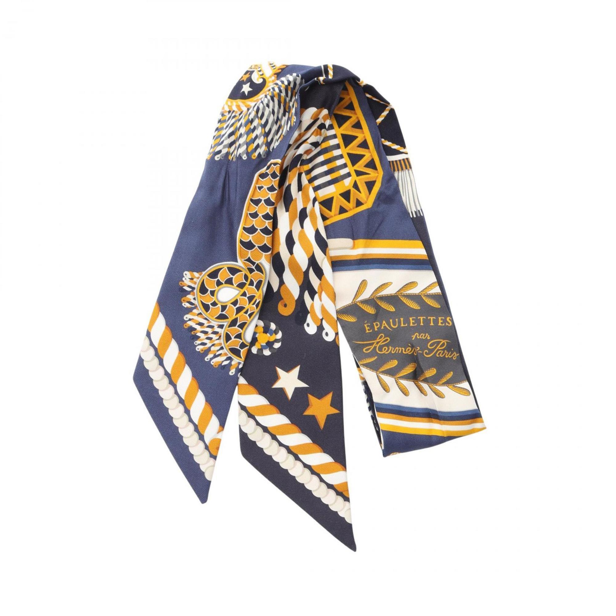 Hermes HermÃ¨s Twilly EPAULETTES DE GALA Silk Scarf for Women, Navy Blue, Multicolor