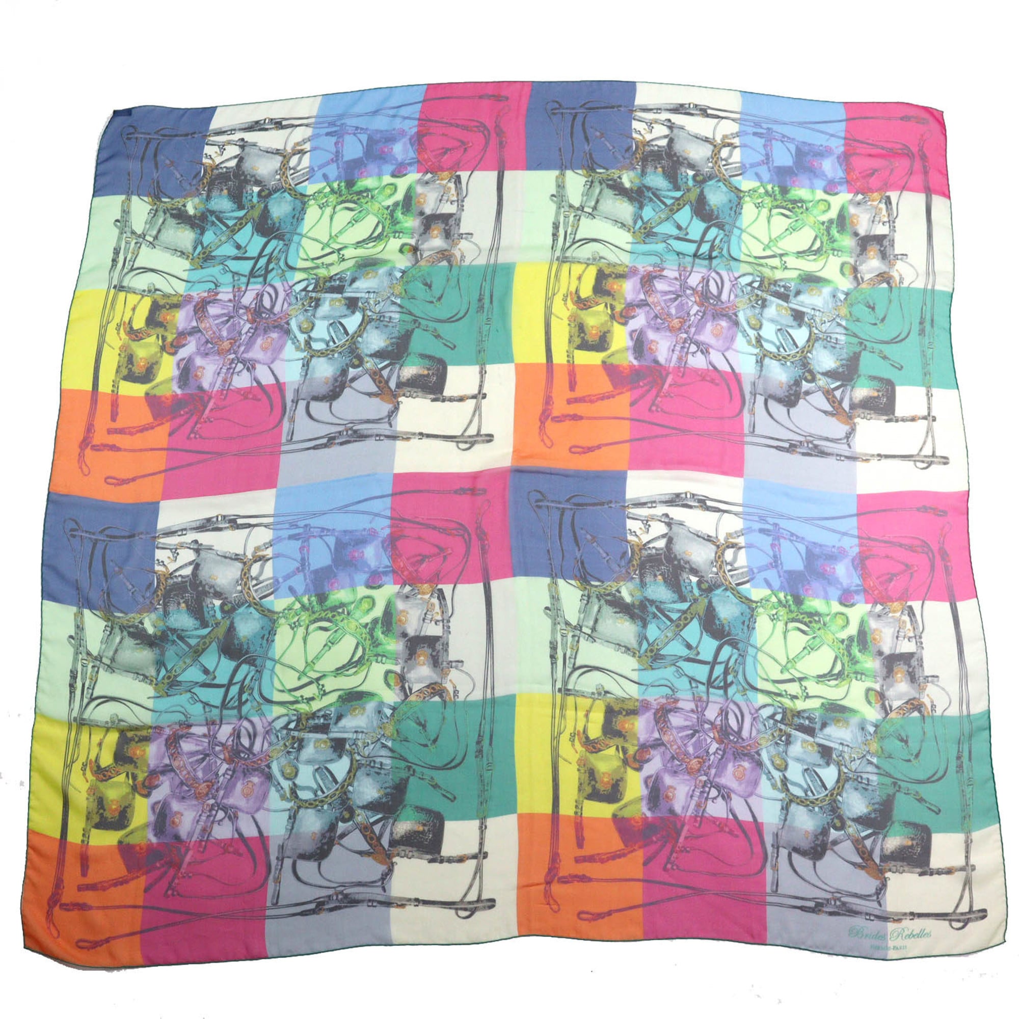 HERMES Brides Rebelles Saddlery, 100% Silk, CarrÃ© Size 140, Large Shawl/Scarf, Multicolor, Made in France, Women’s