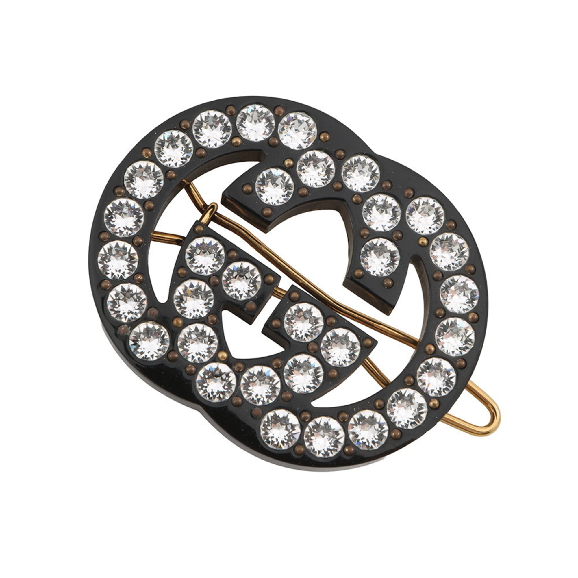 Gucci Hair Clip with Double G and Rhinestones, 627917, Black