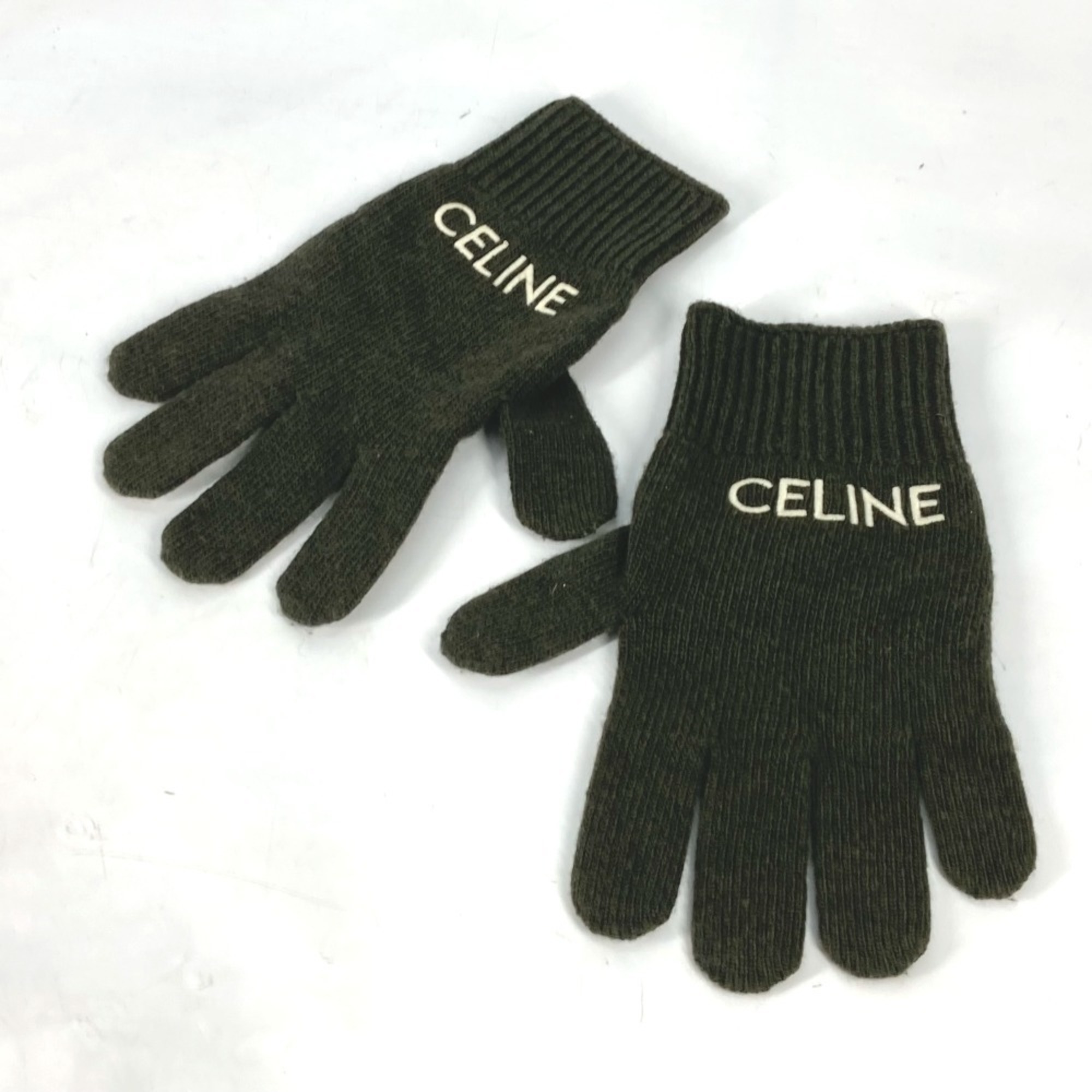 CELINE 2AC55588S Logo Embroidered Wool Gloves Men’s Khaki