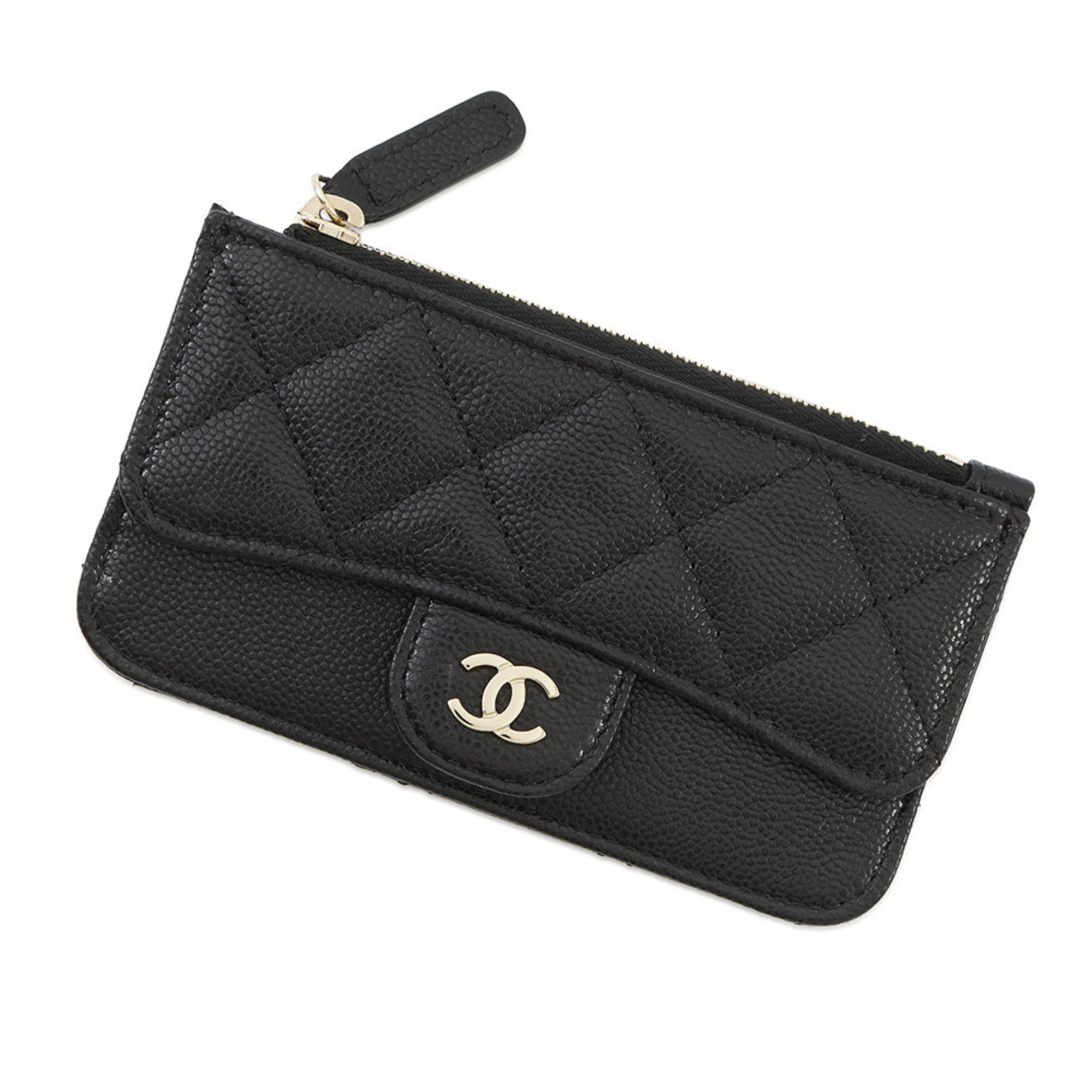 Chanel Matelasse Classic Zip Card Case, Quilted Caviar Leather with Coco Mark, Black, AP2570
