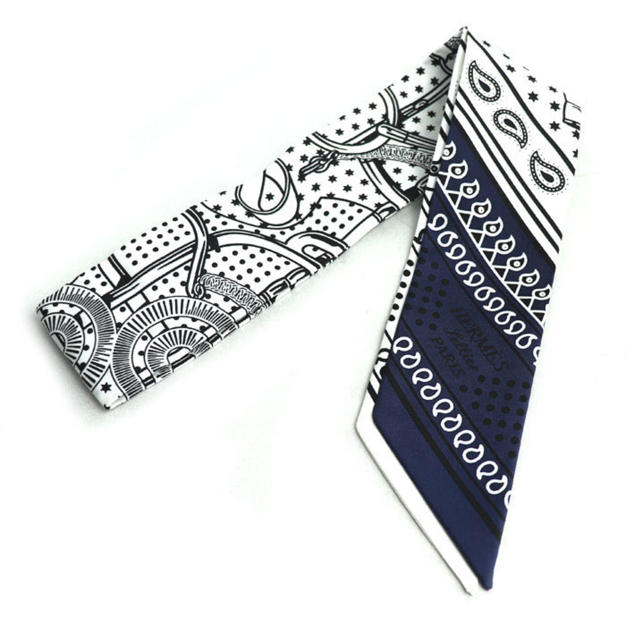 HERMES Twilly Eperon d’or Golden Spur Scarf Muffler in White/Black/Marine (H062978S 06) for Women