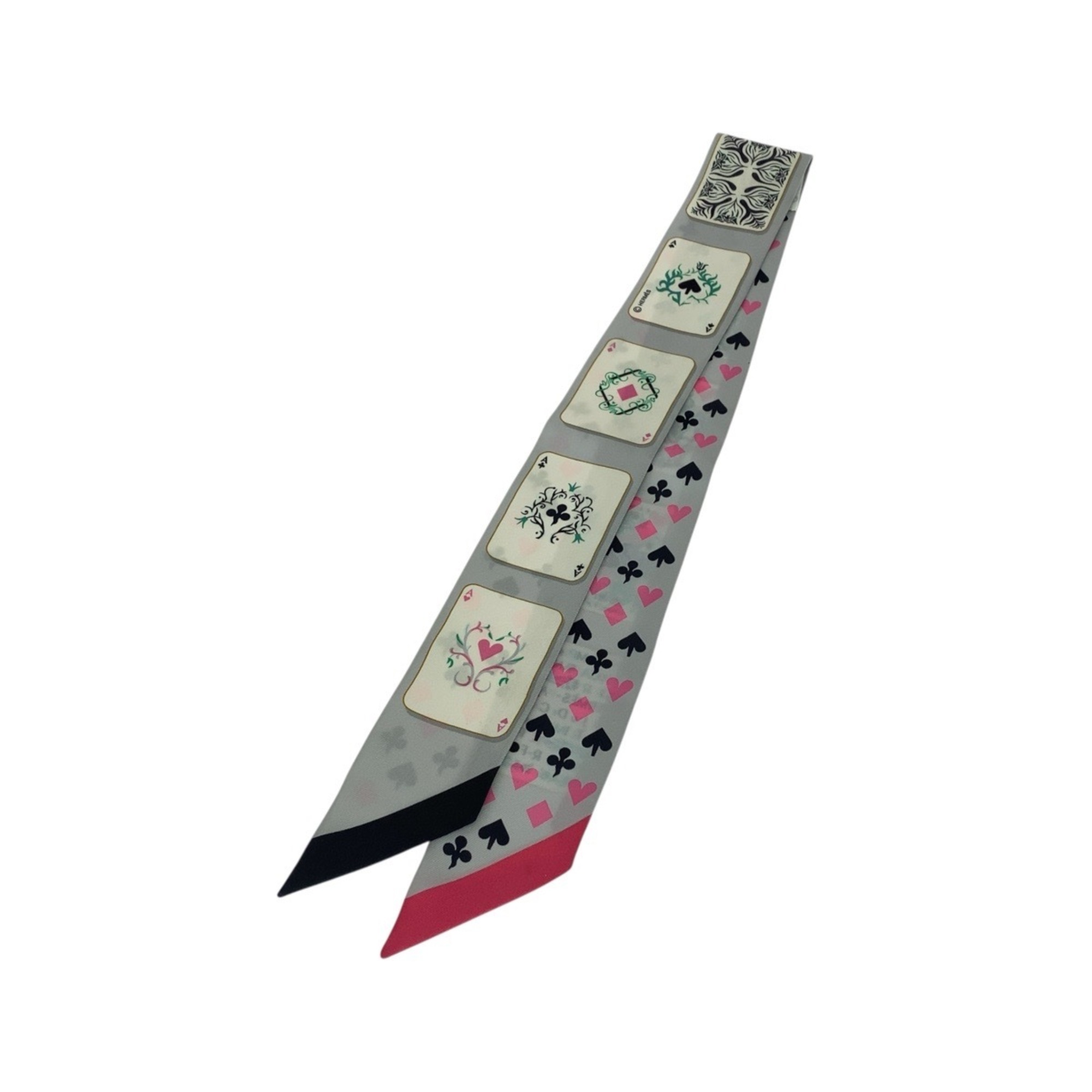 HERMES Jude Cult Twilly Gray Pink Silk Scarf Ribbon for Women