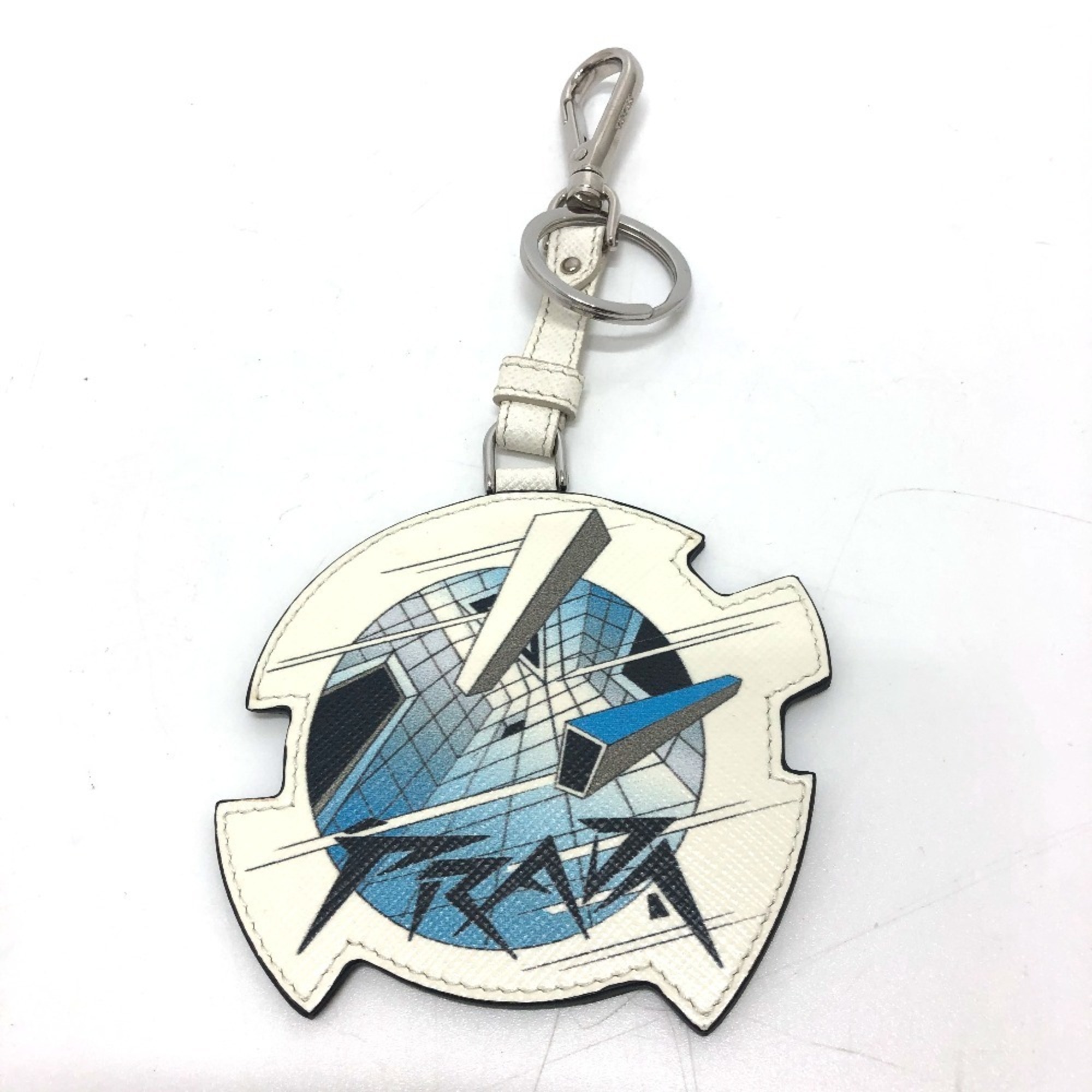 PRADA 2TL296 Key Ring Charm Fashion Accessory Keychain Saffiano Leather Women’s White