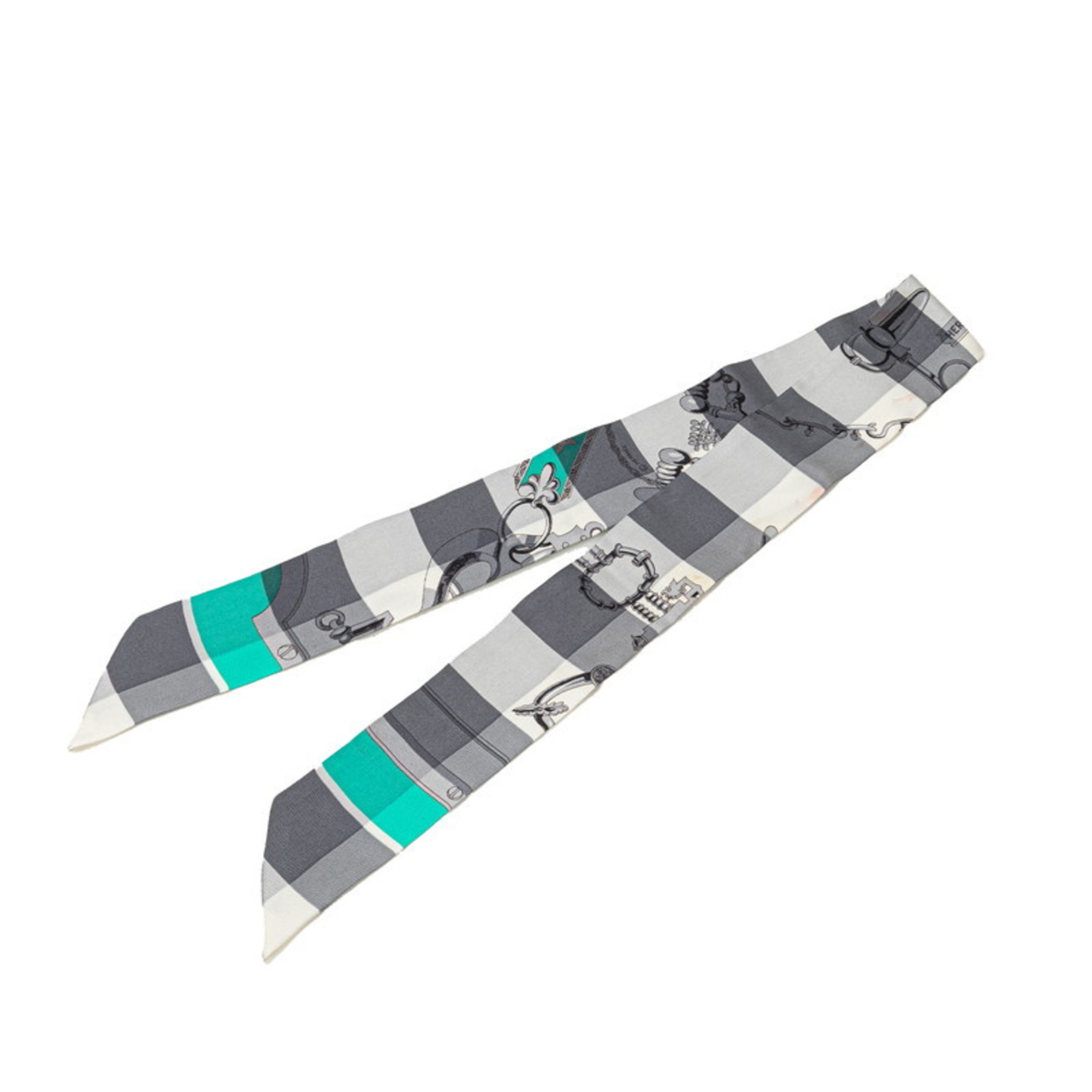 Hermes HermÃ¨s Twilly MORS ET GOURMETTES VICHY Anthracite Menthol Scarf, Gray Silk, Women’s