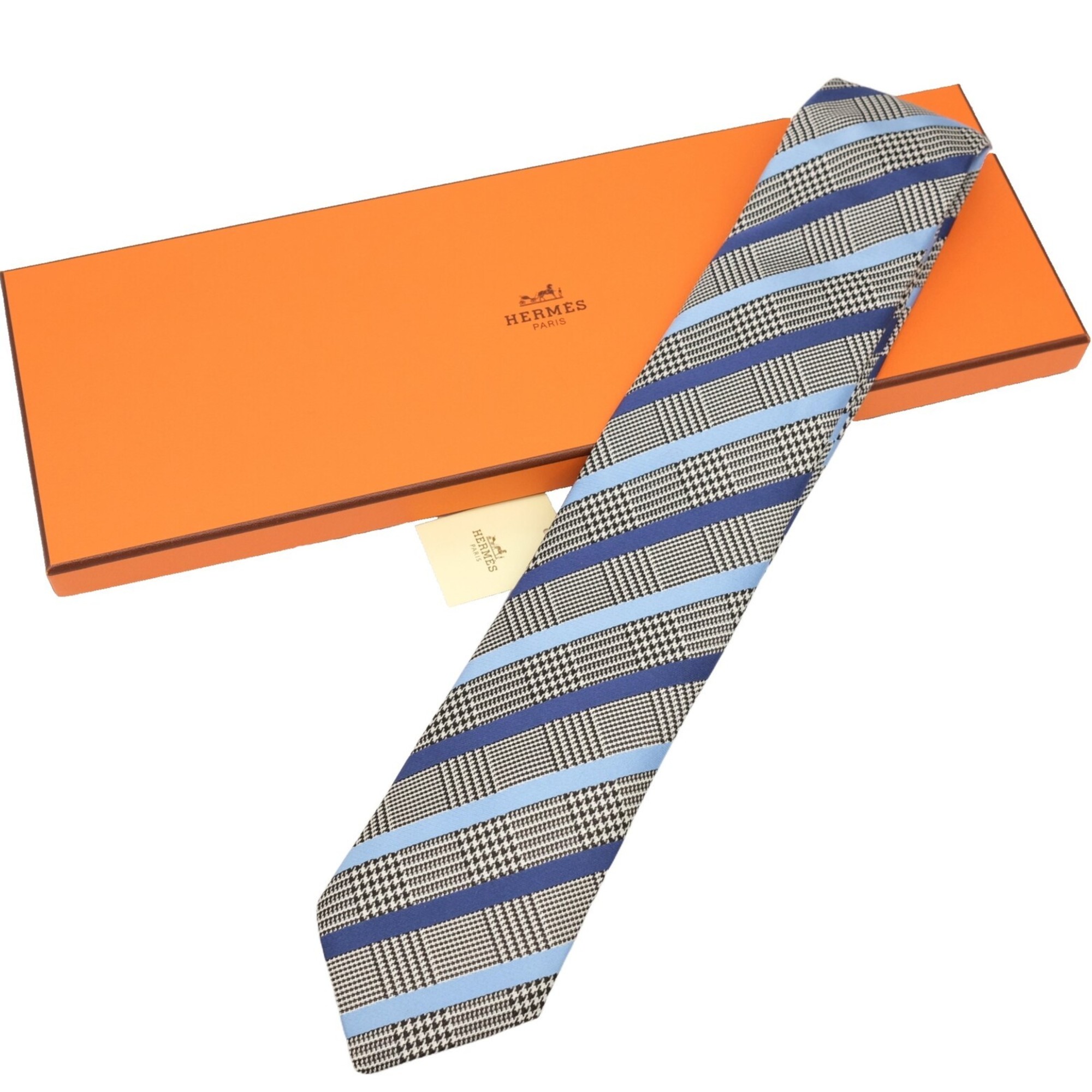 HERMES Hermes tie, 100% silk tweed stripes, blue and gray