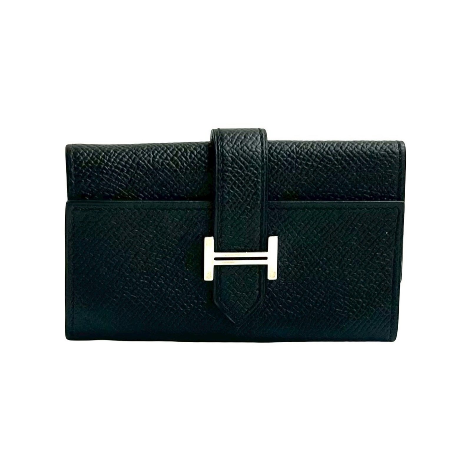 T-stamped HERMES Bearn tri-fold key case with 4-rings, Epsom leather holder, black, 55160