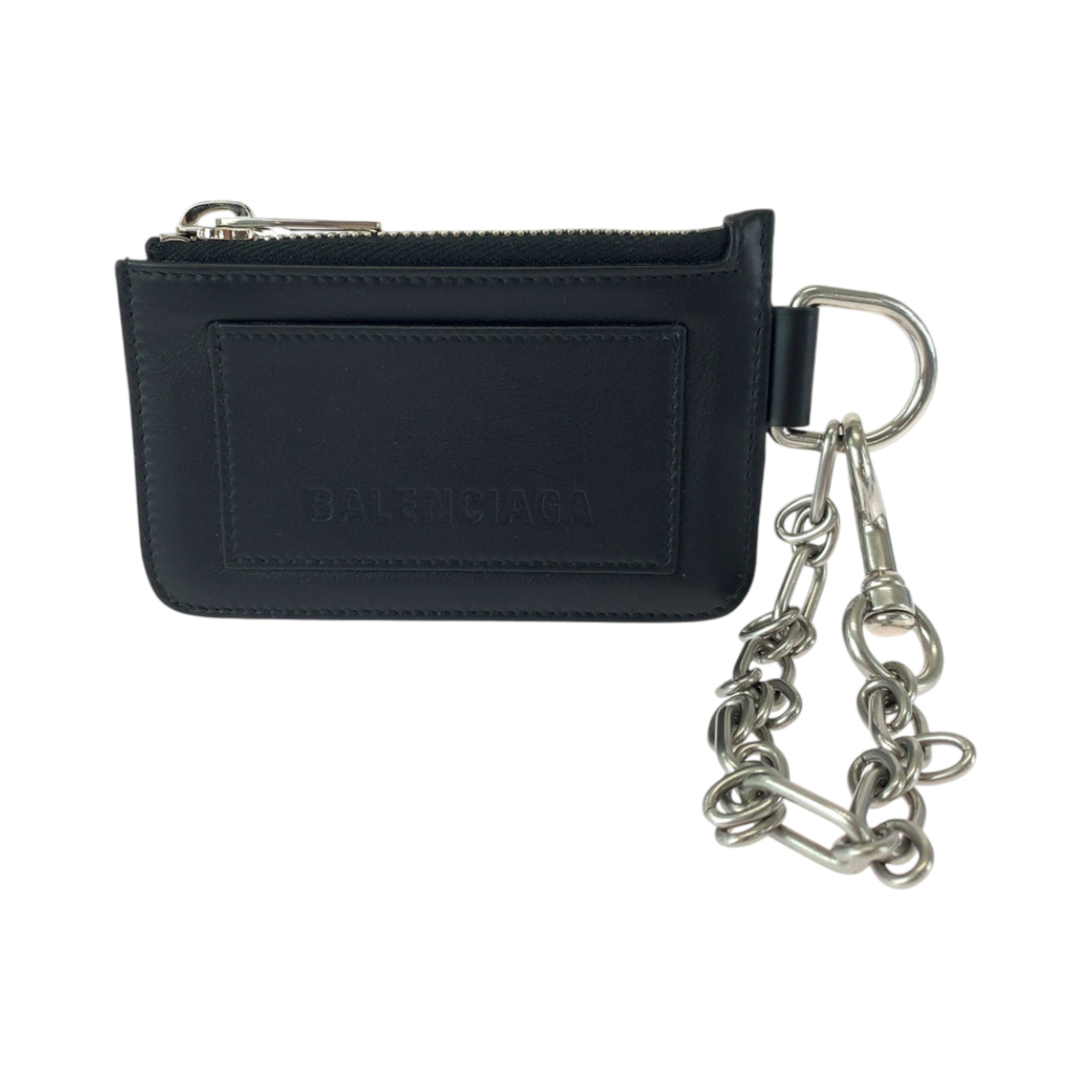 BALENCIAGA Men’s Black Leather Wallet with Silver Hardware and Logo, 655594, Chain Wallet/Coin Case, Fragment Business Card Case