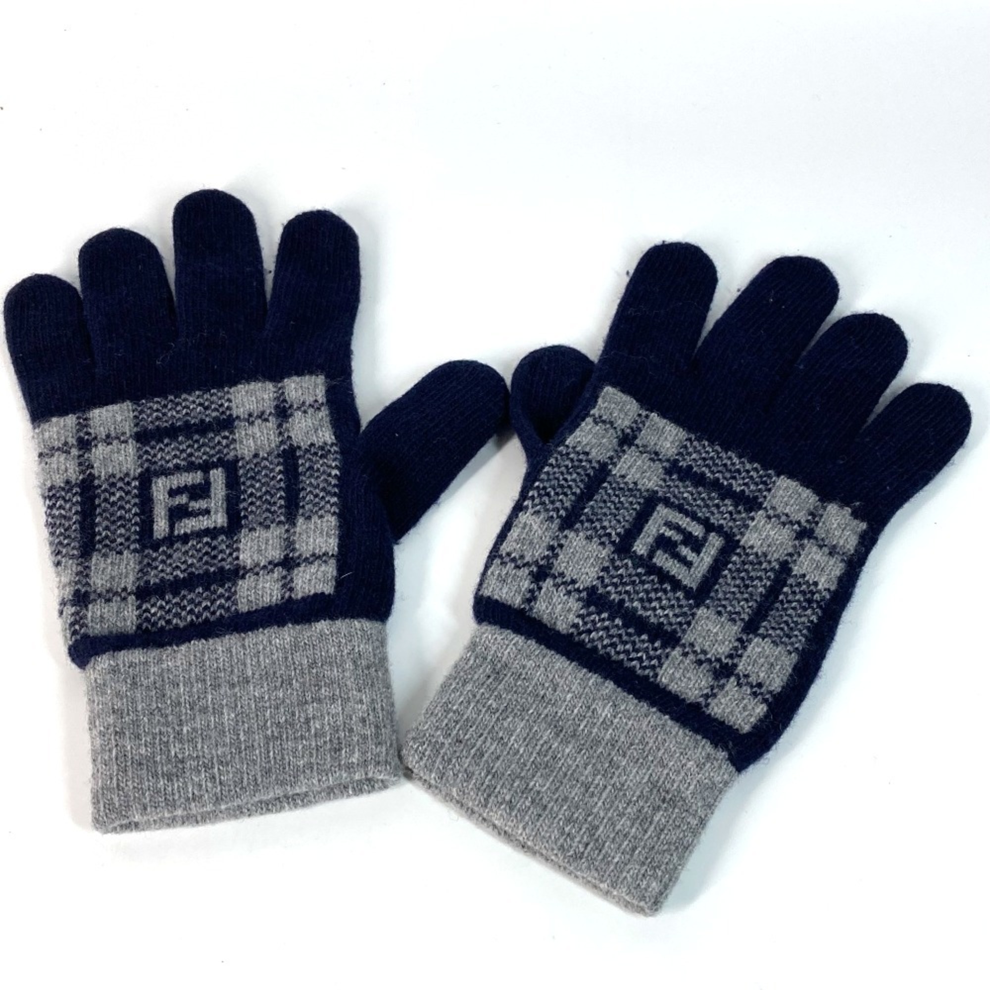 FENDI FXY010 Check FF Two-Tone Logo Gloves, Wool, Women’s, Navy