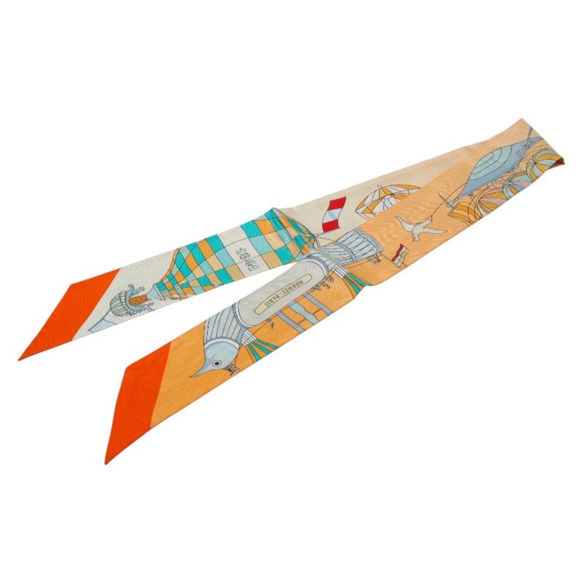 Hermes HermÃ¨s Twilly “Les Folies du Ciel” scarf/muffler in orange and multicolor for women