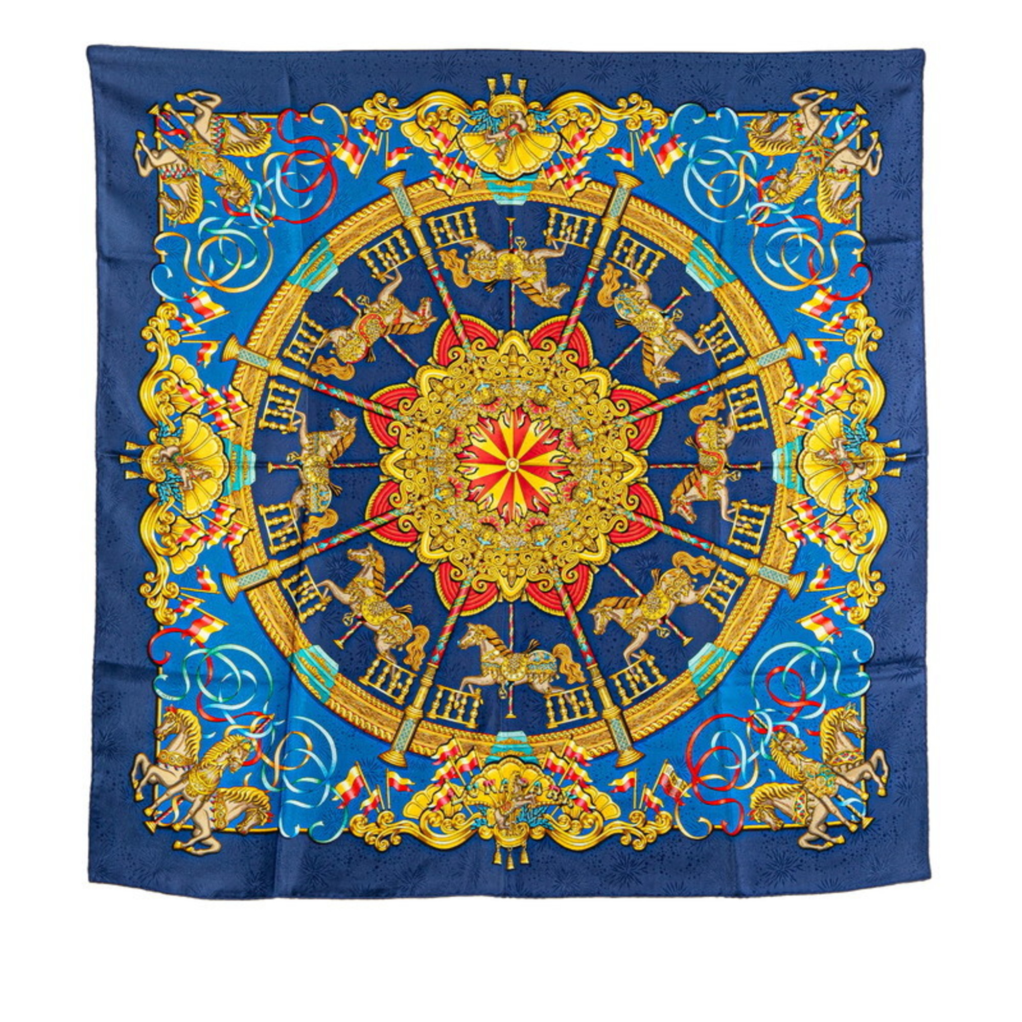 Hermes Carre 90 LUNA PARK Amusement Park Scarf Muffler Blue Gold Multicolor Silk Women’s HERMES