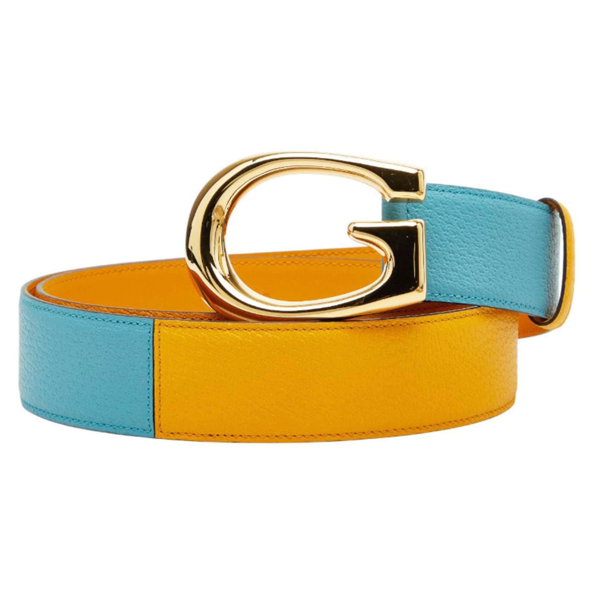 Gucci G Buckle Belt, Sizes 95 and 38, 709954, Yellow Blue Two-Tone Leather, Men’s, GUCCI